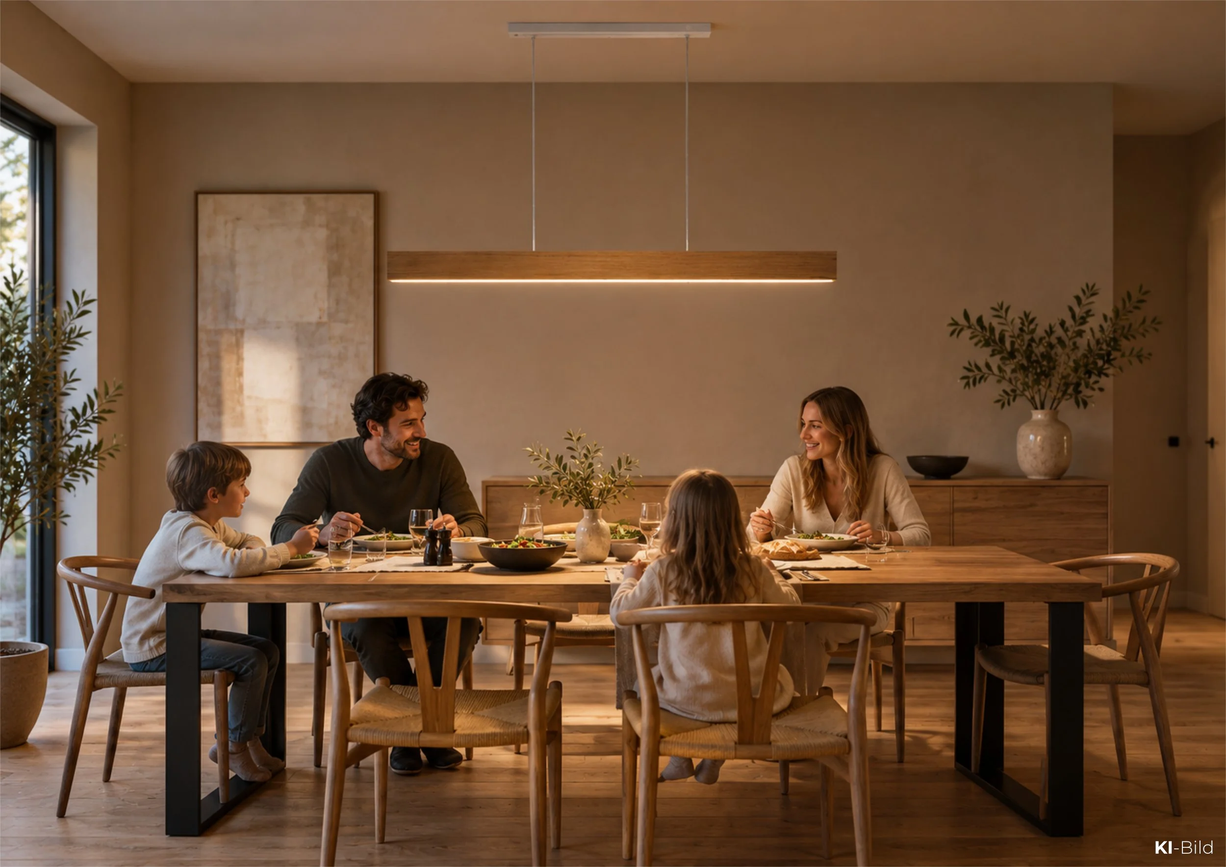 Unsere lineare Hängeleuchte Nuvia aus Holz ist die ideale Beleuchtung für den Esstisch. Durch ihre längliche Form verteilt sie das Licht gleichmäßig über die gesamte Tischfläche und schafft eine angenehme Atmosphäre für gemeinsame Mahlzeiten und gese