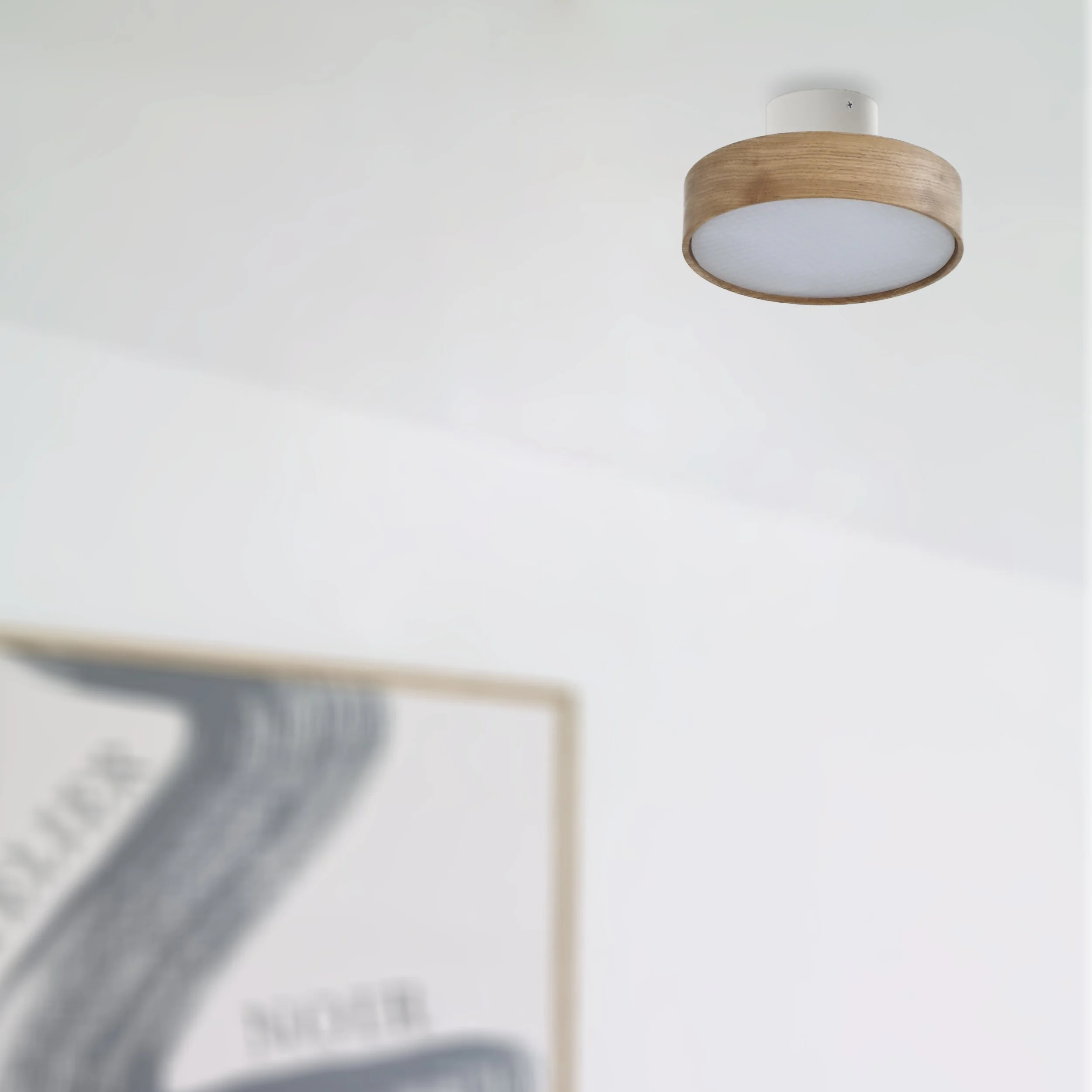 Lilu xS - dimmbare LED Deckenanbauleuchte aus massivem Holz in Eiche natur mit opaler LED Abdeckung. Made in Austria.