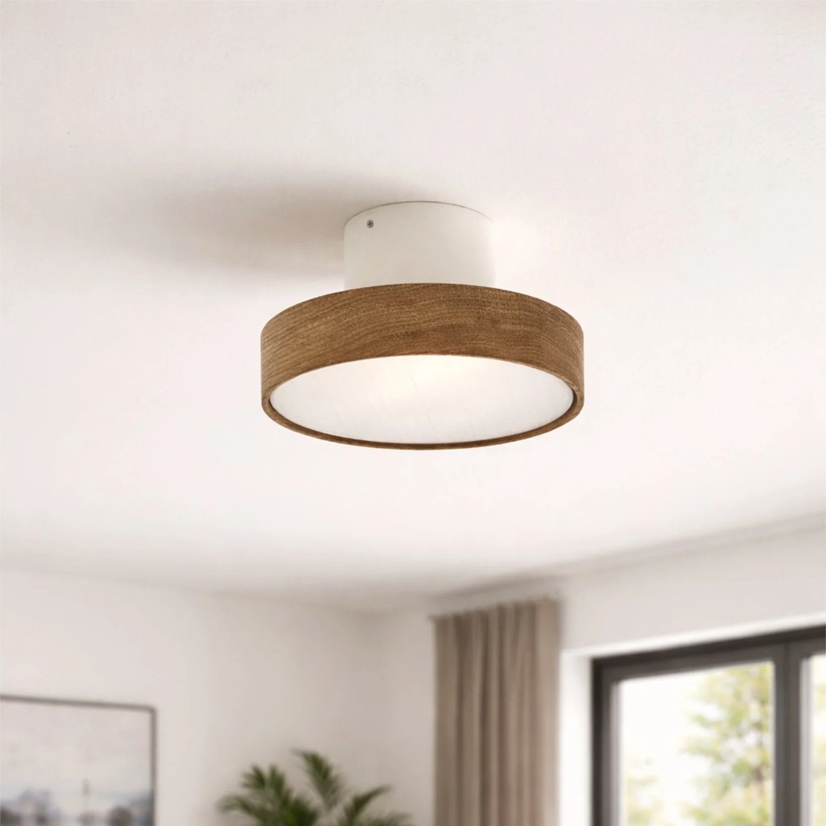 Lilu xS - dimmbare LED Deckenanbauleuchte aus massivem Holz in Eiche natur mit opaler LED Abdeckung. Made in Austria.