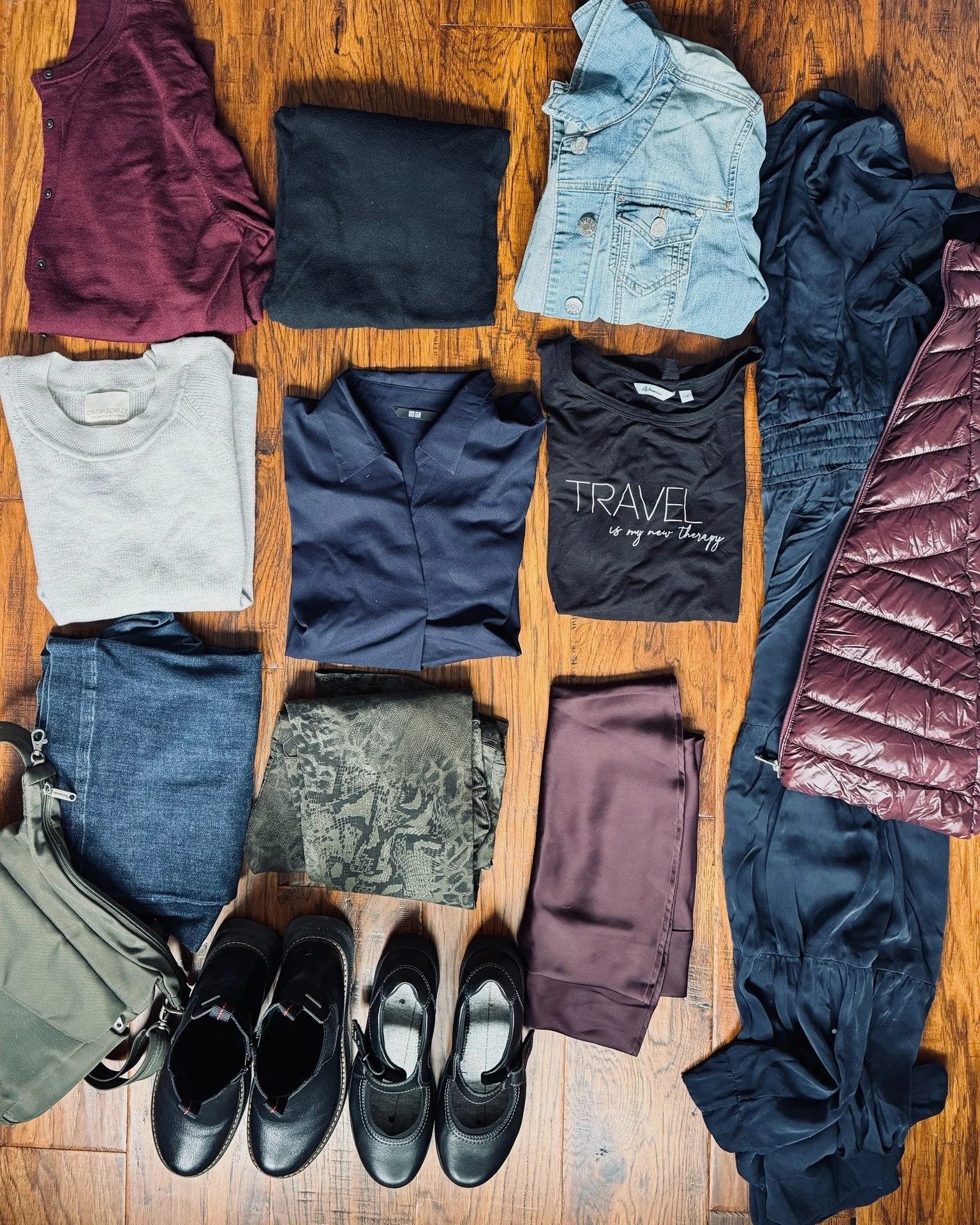 Packing for three weeks of urban exploring, not hiking. Just city wear that can handle a lot of walking and a wide swing in temperature. A few things I'm happy about: it's not all black! There is colour, and every piece still matches. I'm bringing a 