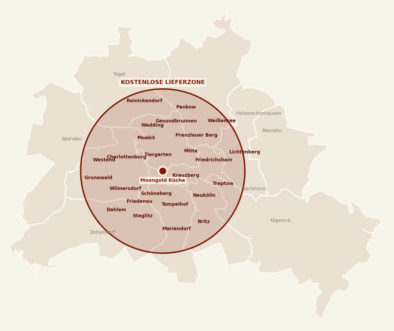 Karte von Berlin mit der kostenlosen Lieferzone im Umkreis von 10 km um die Moongold-Küche