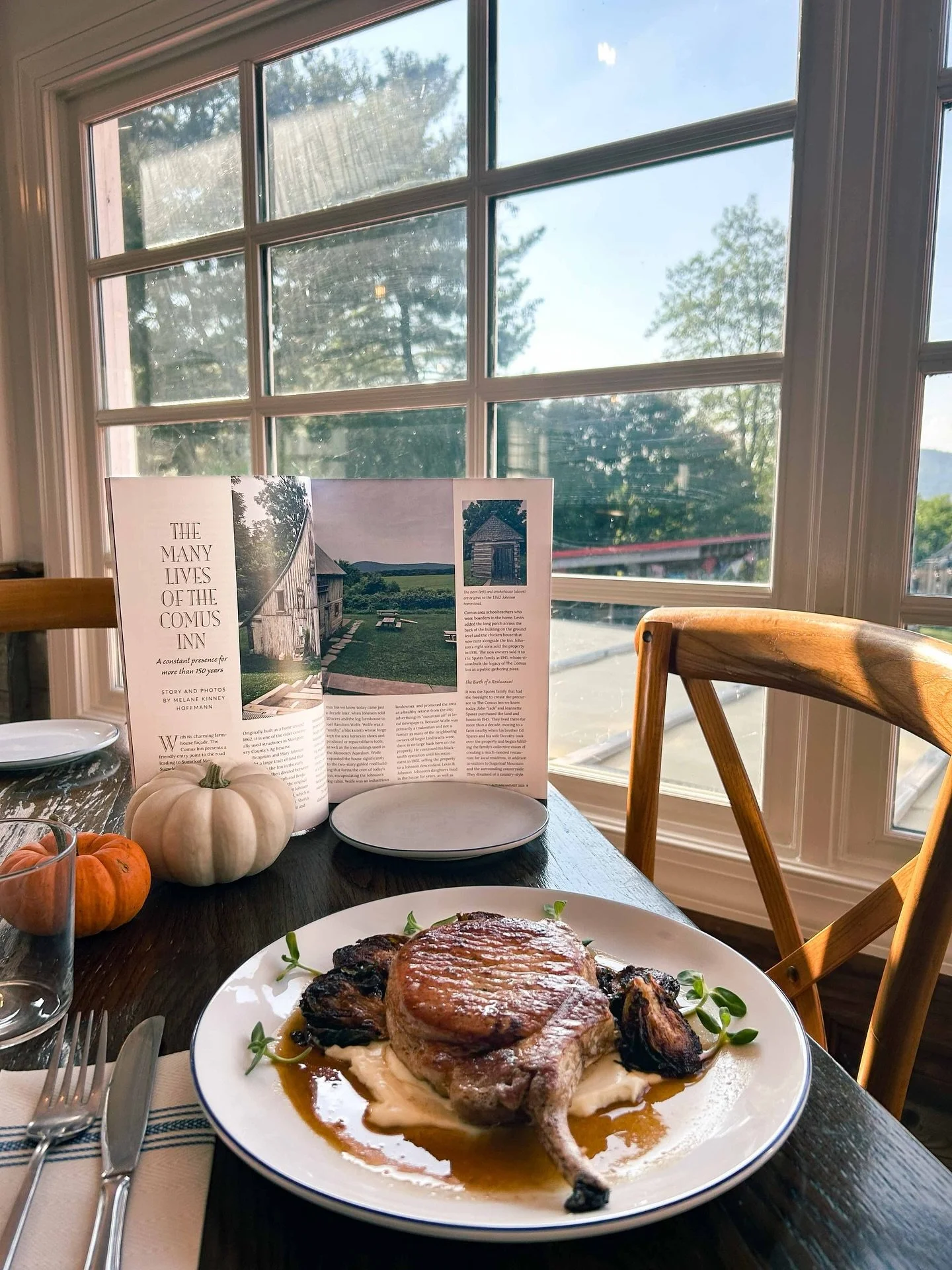 Seasonal flavors done right! Our bone-in pork chop is served over celery root pur&eacute;e, with crispy fried Brussels and finished with an apple glaze pork jus. A fall favorite waiting for you in the dining room.