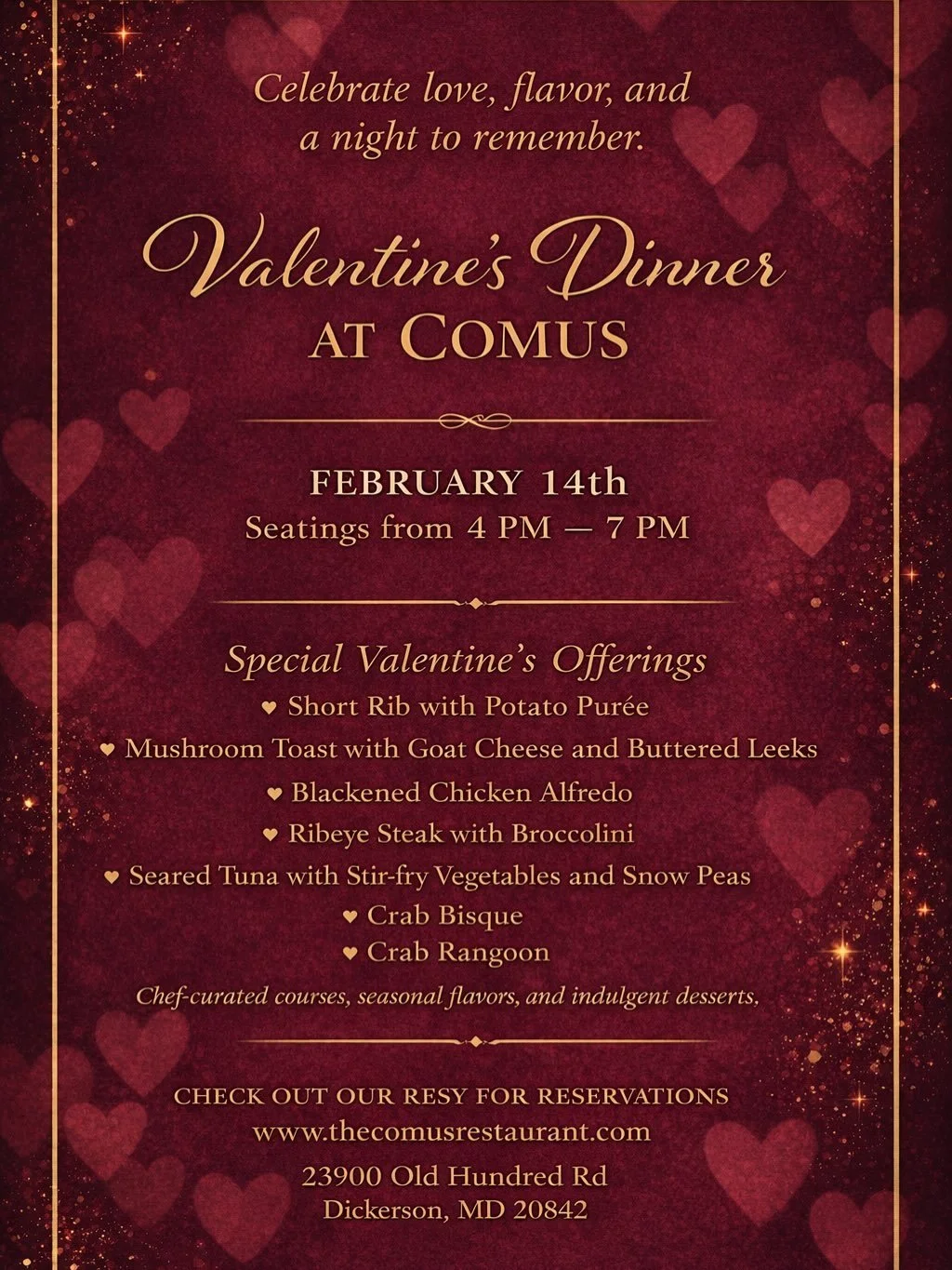 Celebrate love the delicious way at Comus this Valentine&rsquo;s Day. ✨
Join us February 14th for an evening of chef-curated dishes, warm ambiance, and flavors made for sharing.

But this is not a single night of fun and love, we wanted to turn it in
