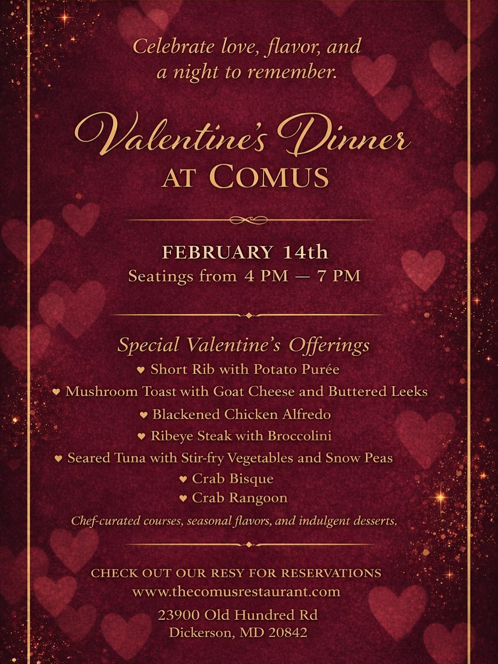 Celebrate love the delicious way at Comus this Valentine&rsquo;s Day. ✨
Join us February 14th for an evening of chef-curated dishes, warm ambiance, and flavors made for sharing.

But this is not a single night of fun and love, we wanted to turn it in