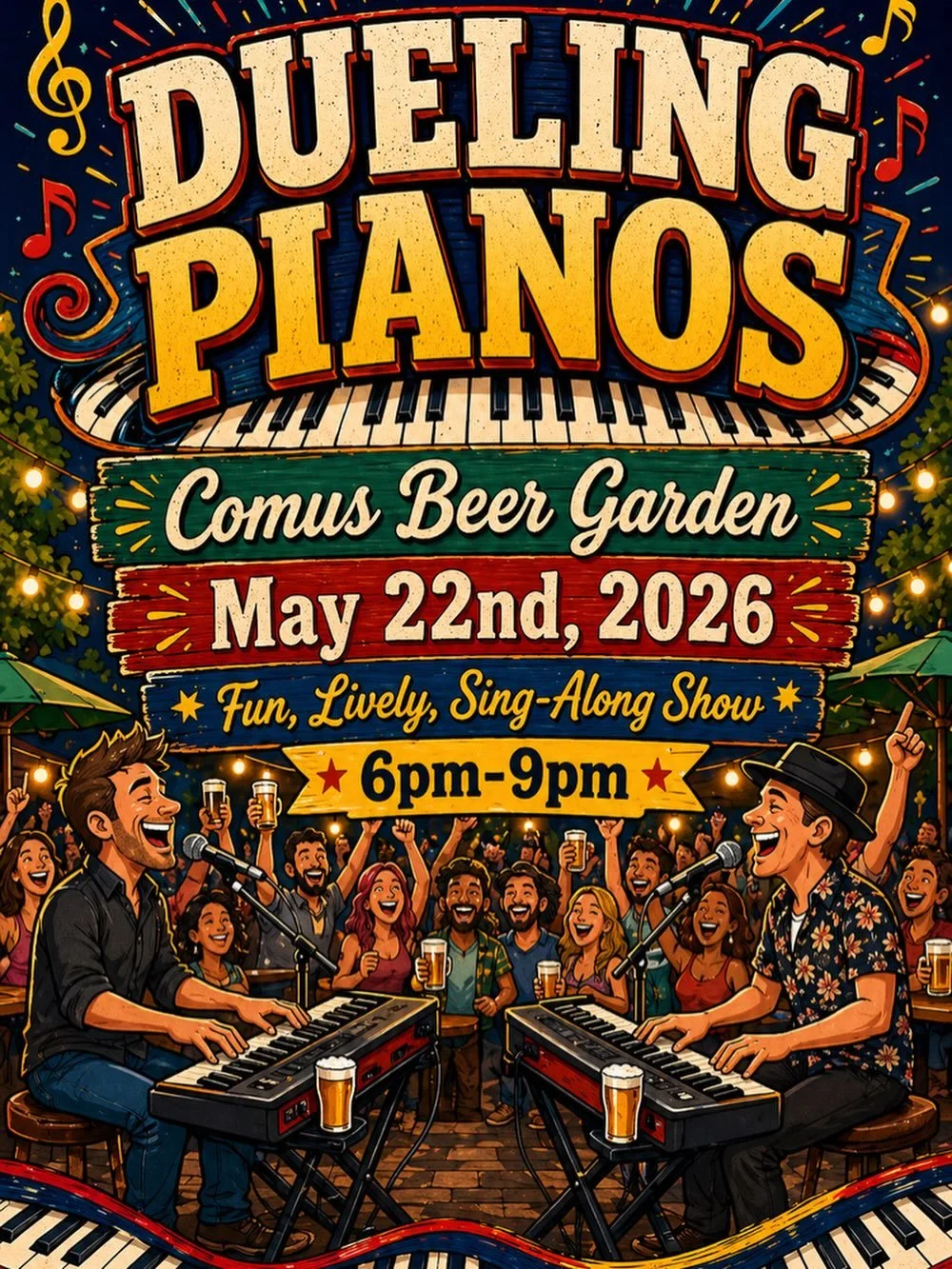 🎹🍻 Join us for our Dueling Pianos Night at Comus Beer Garden!

Join us Friday, May 22 from 6&ndash;9PM for a high-energy night filled with live music, singalongs, audience requests, laughs, and nonstop fun. Grab your friends, order a drink, and get