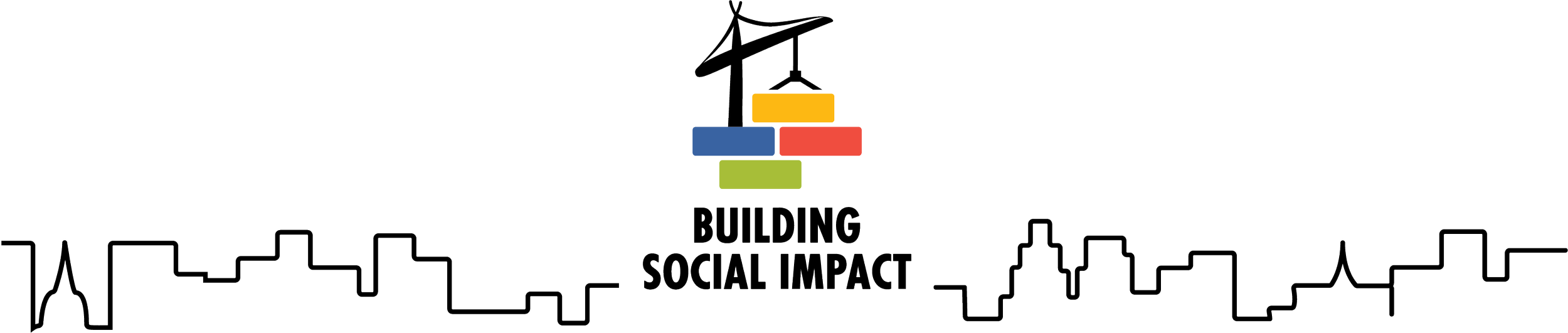 Illustration of a city skyline with a construction crane on top, building blocks in yellow, blue, red, and green, and the text 'Building Social Impact' beneath.