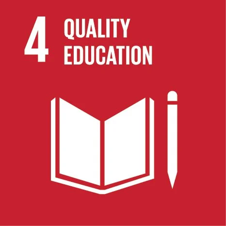 Icon of an open book and a pencil on a red background, representing quality education.