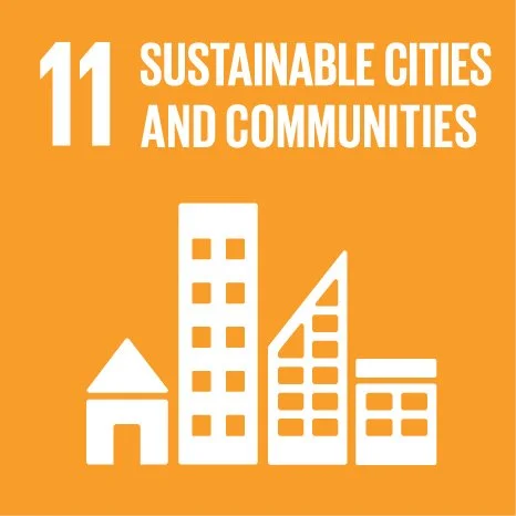 Iconic illustration of buildings representing cities on an orange background for SDG 11, sustainable cities and communities.