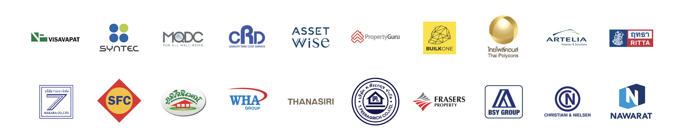 Image showing rows of various company logos, including Visavapat, Syntec, MDC, CRD, Asset Wise, Property Guru, Built Kone, Thai Polycons, Artelia, Ritta, Makara Co. Ltd, SFC, a green-labeled supplier, WHA Group, Thanasiri, a blue and white logo, Frasers Property, BSY Group, Christini & Nielsen, and Nawarate.