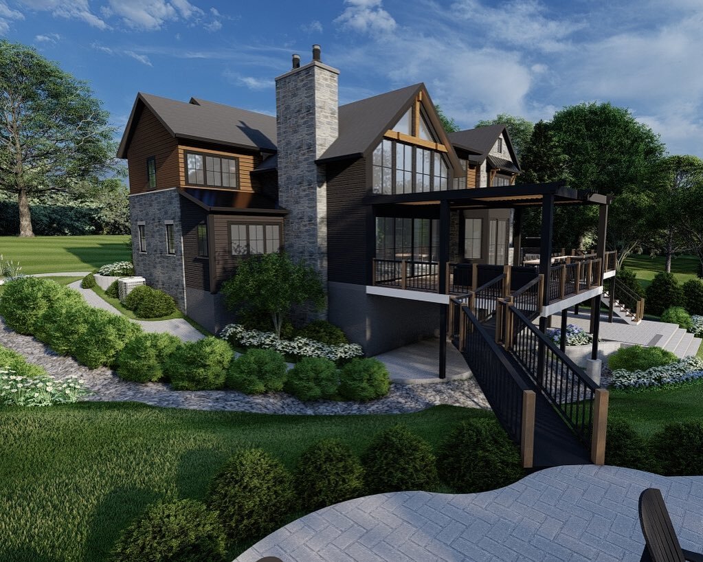 Here is our beloved transitional-modern lake house! This time, from the lake view!

This is a rear addition and a second floor rework. Imagine trying to understand this elevation from a 2D drawing!? Our software helps you see all the forms in the pro