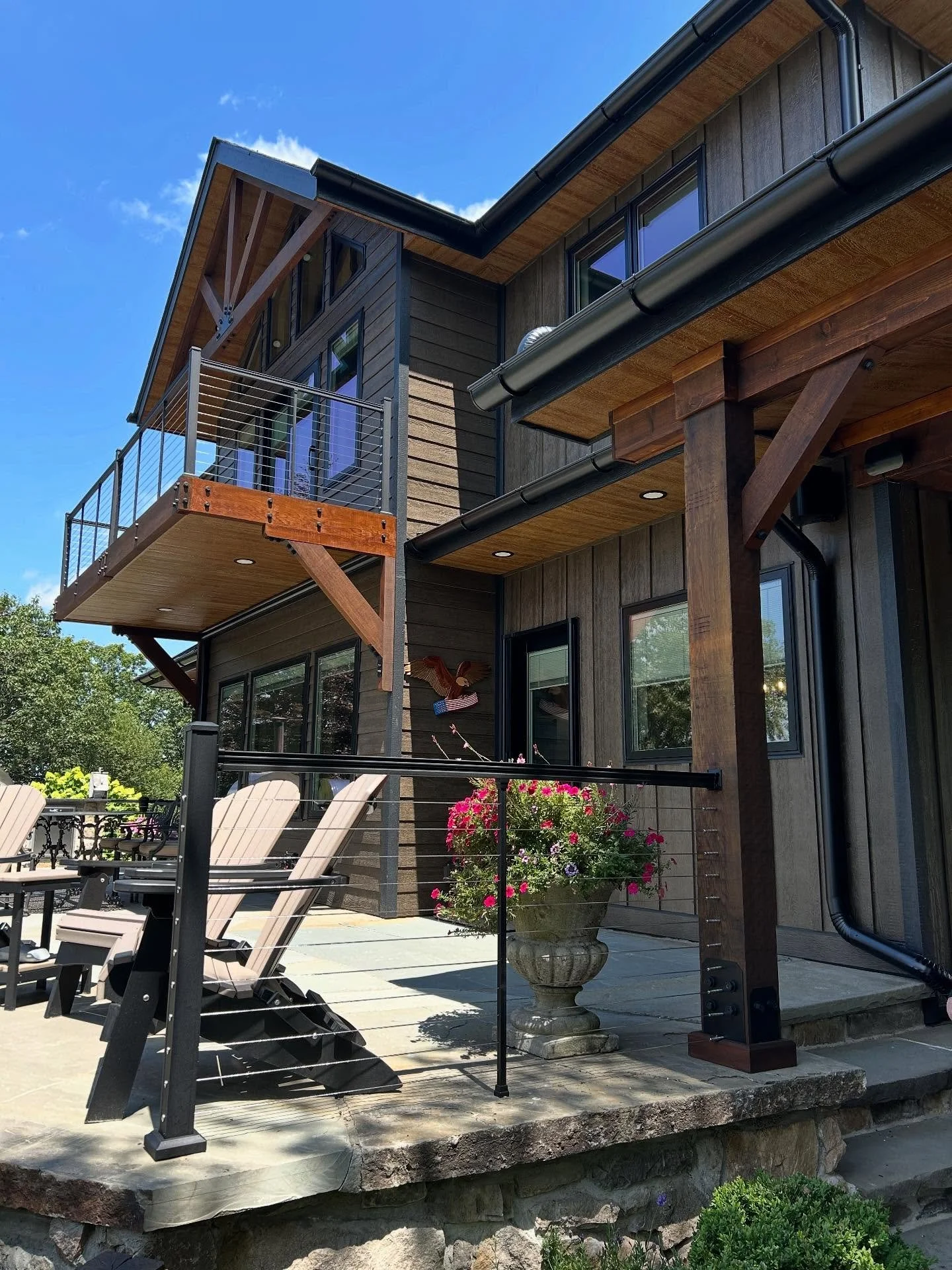 Beauty in the details ✨ 
-Swipe for proud pup 😍-

#lakehouse #balcony #siding #wood #woodsoffit #cablerailing #outdoor #hardscape #landscape #outdoorpatio #windows #addition #pup #pupsofinstagram #outdoorliving