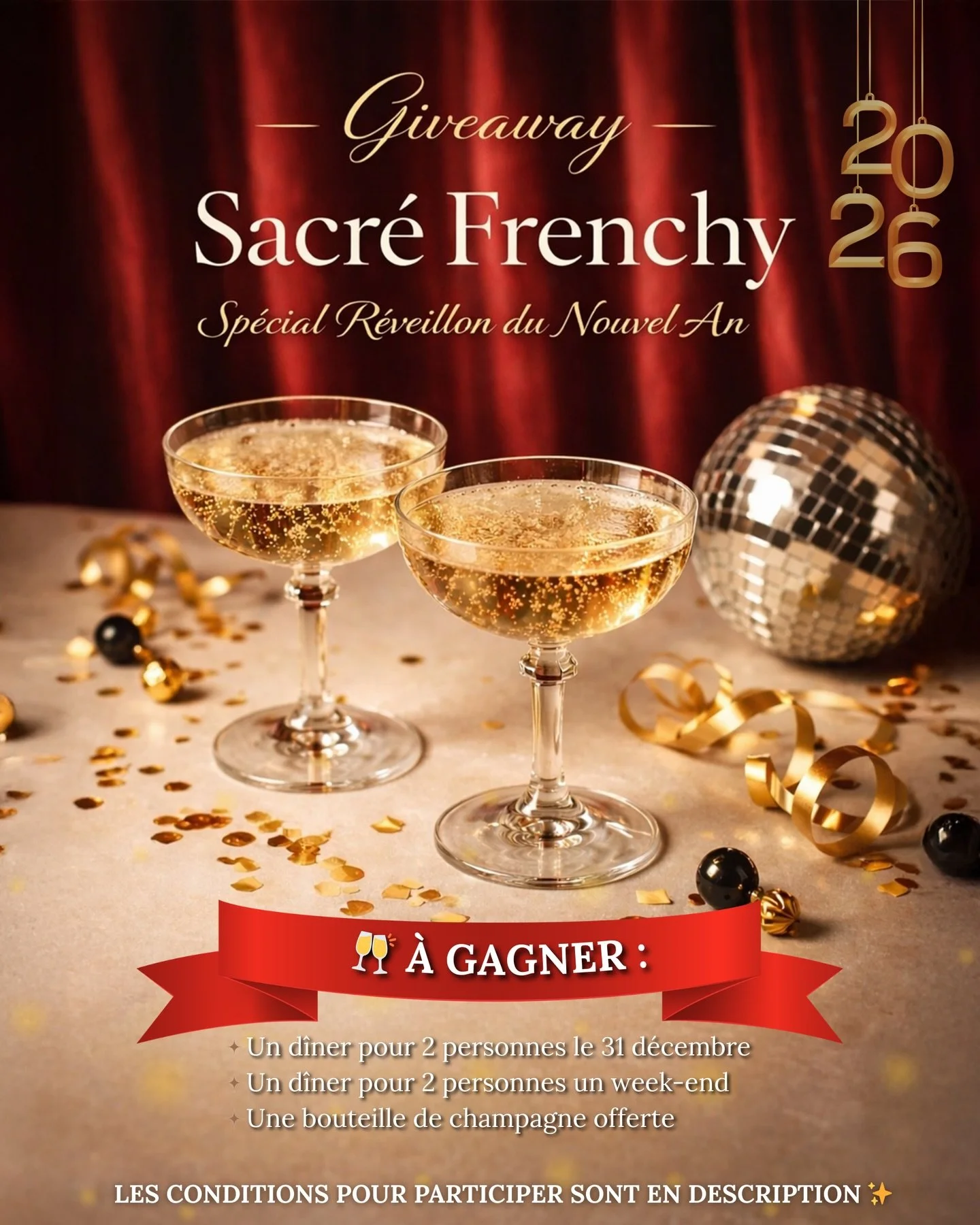 🎉 JEU CONCOURS &ndash; SP&Eacute;CIAL R&Eacute;VEILLON 🎉

Pour c&eacute;l&eacute;brer la fin d&rsquo;ann&eacute;e, Sacr&eacute; Frenchy vous fait gagner 3 cadeaux gourmands ✨

🎁 &Agrave; gagner :
🥇 Un d&icirc;ner pour 2 personnes le 31 d&eacute;c