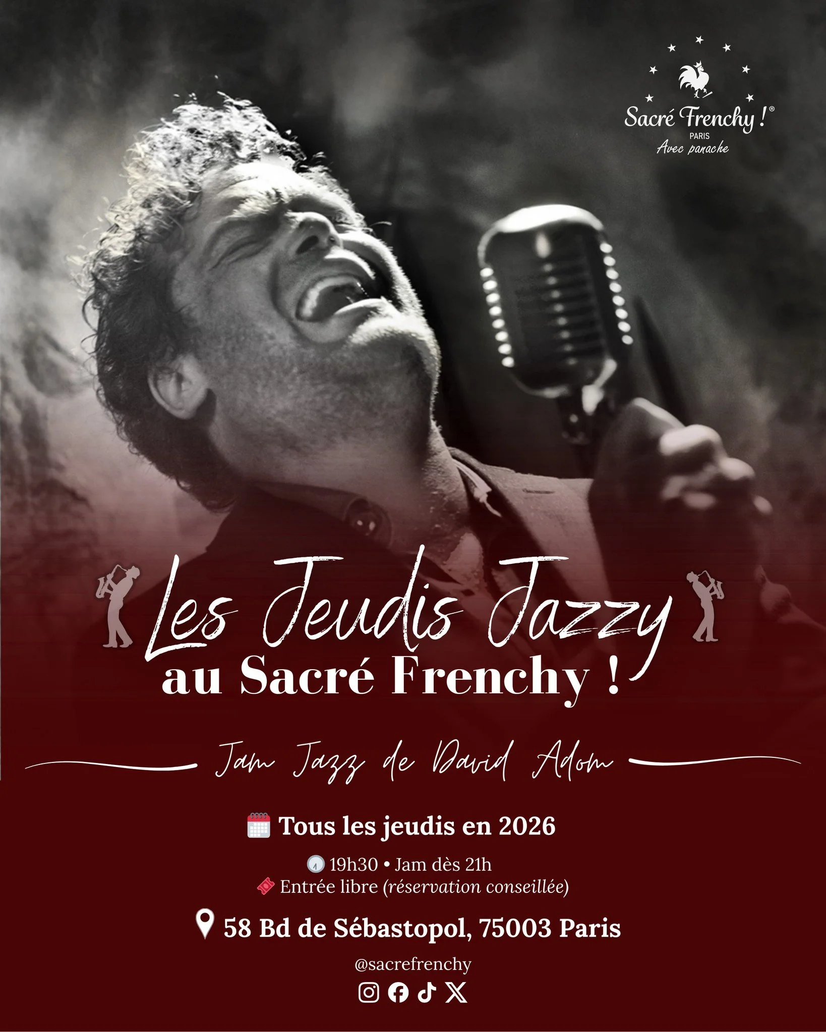 🎷 Jazzy Thursdays at Sacré Frenchy 🎶
Jazz makes its big comeback in the heart of Paris ✨

Starting January 15, 2026, join David Adom's Jam Jazz every Thursday at Sacré Frenchy.
An evening dedicated to