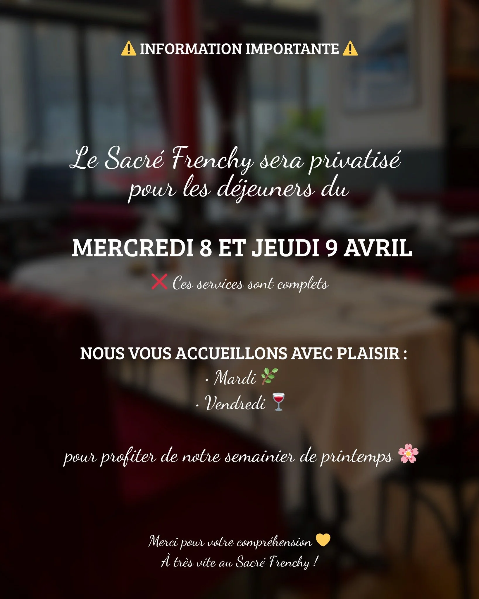 Un petit ajustement dans notre organisation cette semaine ✨

Certains services du midi seront exceptionnellement privatis&eacute;s, ce qui signifie que nous ne pourrons pas vous accueillir sur ces cr&eacute;neaux. Merci beaucoup pour votre compr&eacu