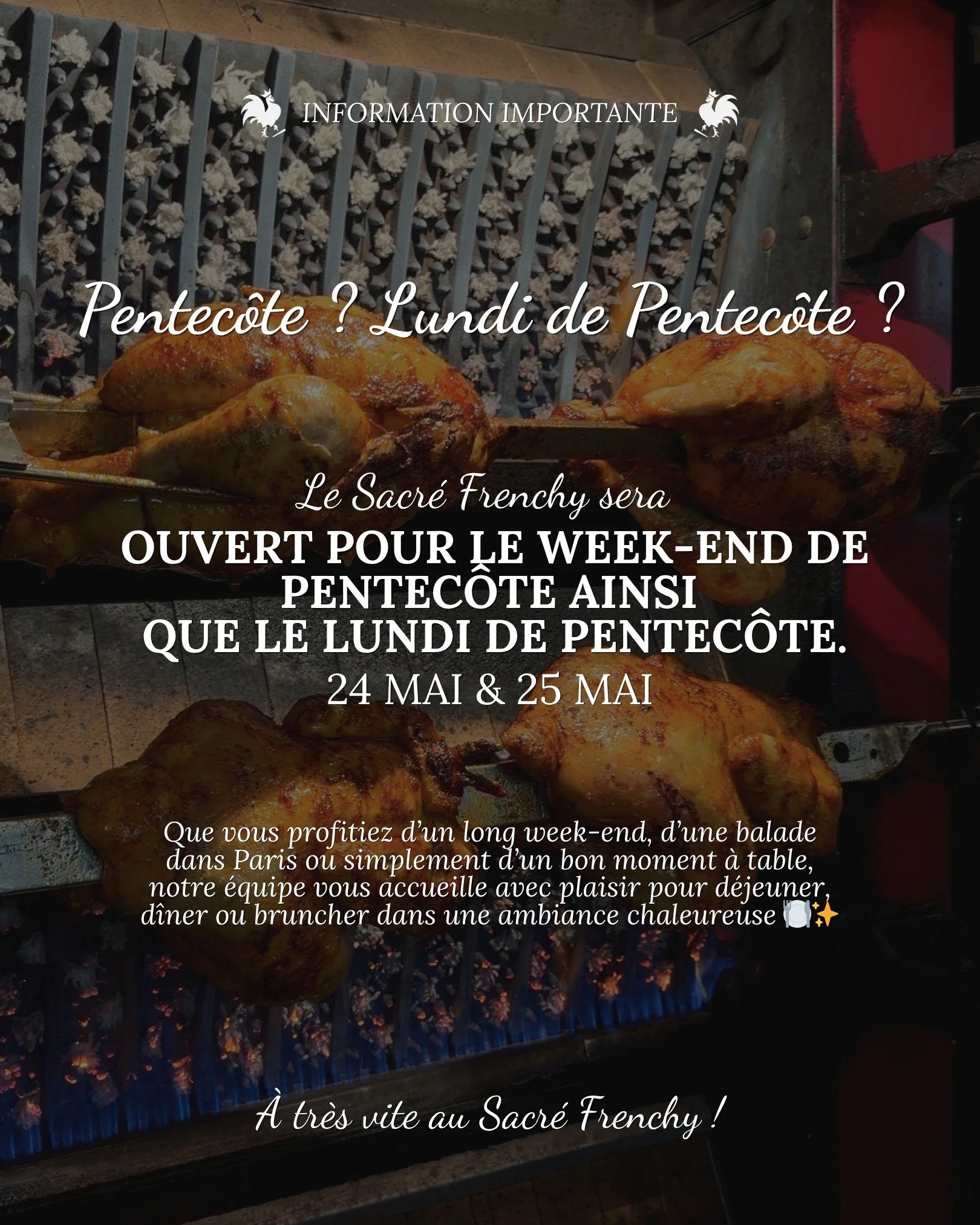 Pentec&ocirc;te ? Lundi de Pentec&ocirc;te ? On reste ouverts 🇫🇷✨

Le Sacr&eacute; Frenchy vous accueille tout le week-end de Pentec&ocirc;te, ainsi que le lundi 25 mai, pour profiter d&rsquo;un bon moment &agrave; table en plein c&oelig;ur de Pari