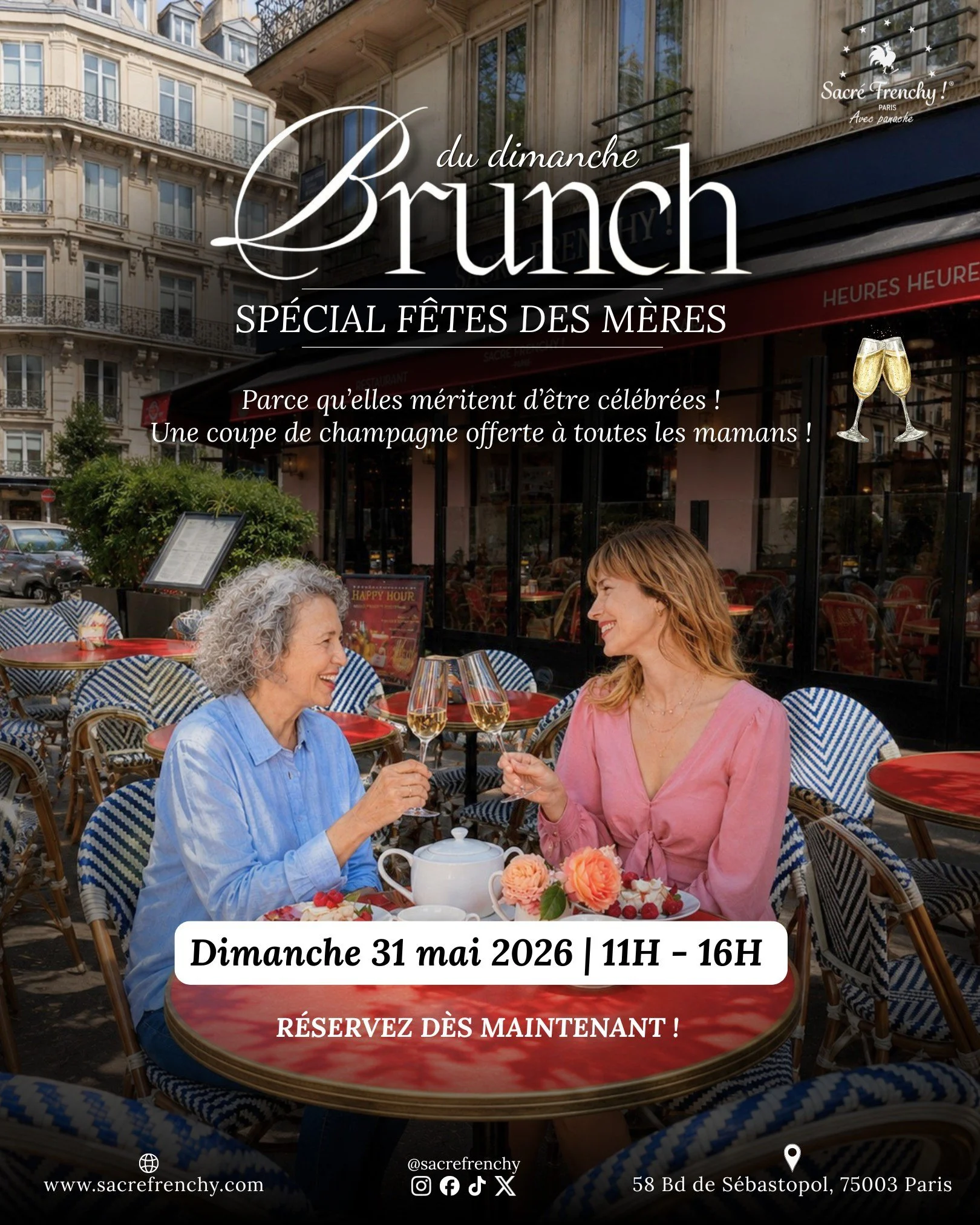 ✨ C&eacute;l&eacute;brez la F&ecirc;te des M&egrave;res chez Sacr&eacute; Frenchy ✨

Offrez &agrave; votre maman un moment gourmand et &eacute;l&eacute;gant autour de notre brunch du dimanche dans une ambiance parisienne chaleureuse 🥂

🌸 Brunch sp&