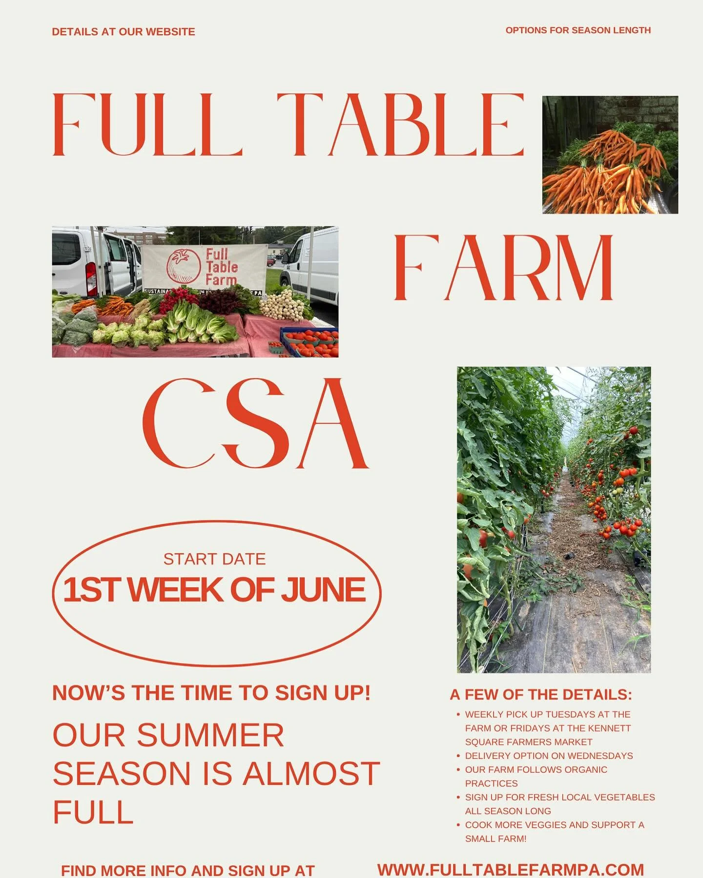 Have you been considering signing up for our CSA? Our start date is rapidly approaching and we&rsquo;re excited to say that our CSA is almost full! 

We still have room for you and we&rsquo;d love to have you join our community of excited farm suppor
