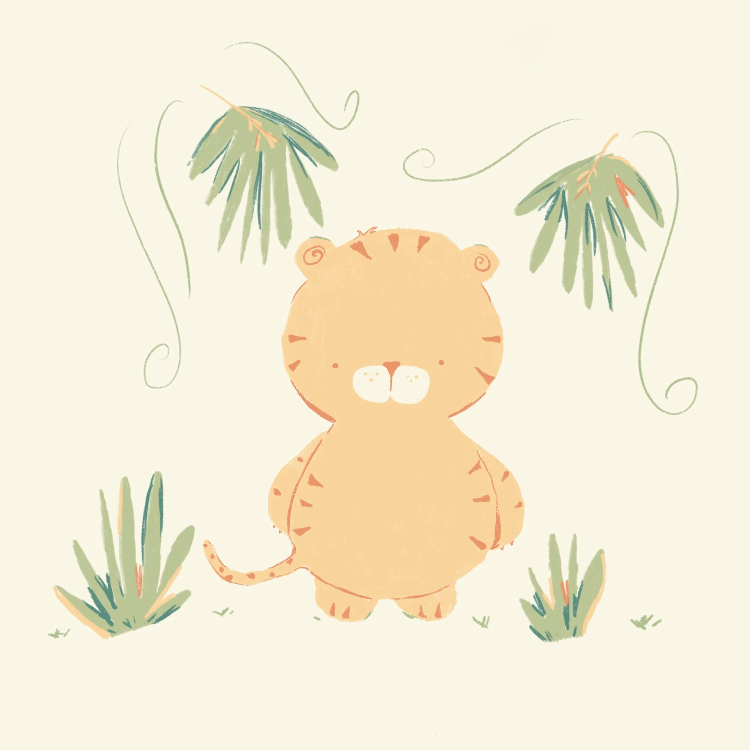 Dibujo de un pequeño tigre con manchas, en un entorno con vegetación tropical como palmas y plantas.
