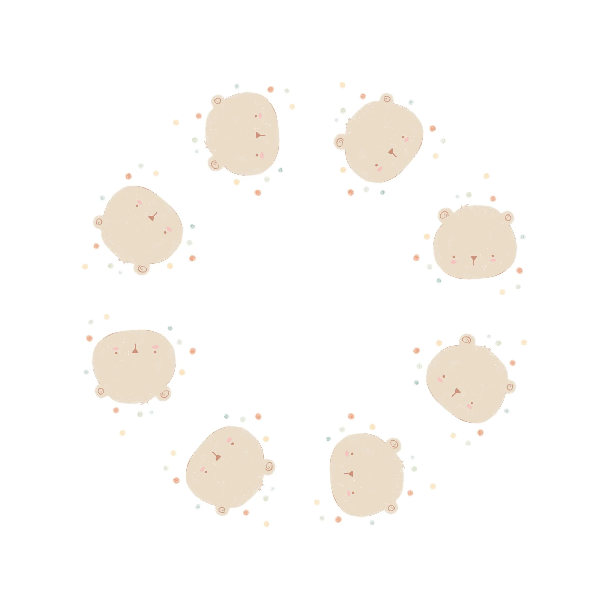 Ilustración de patitos de color beige con pequeños detalles rosados, verdes y naranjas, formando un círculo en fondo blanco.