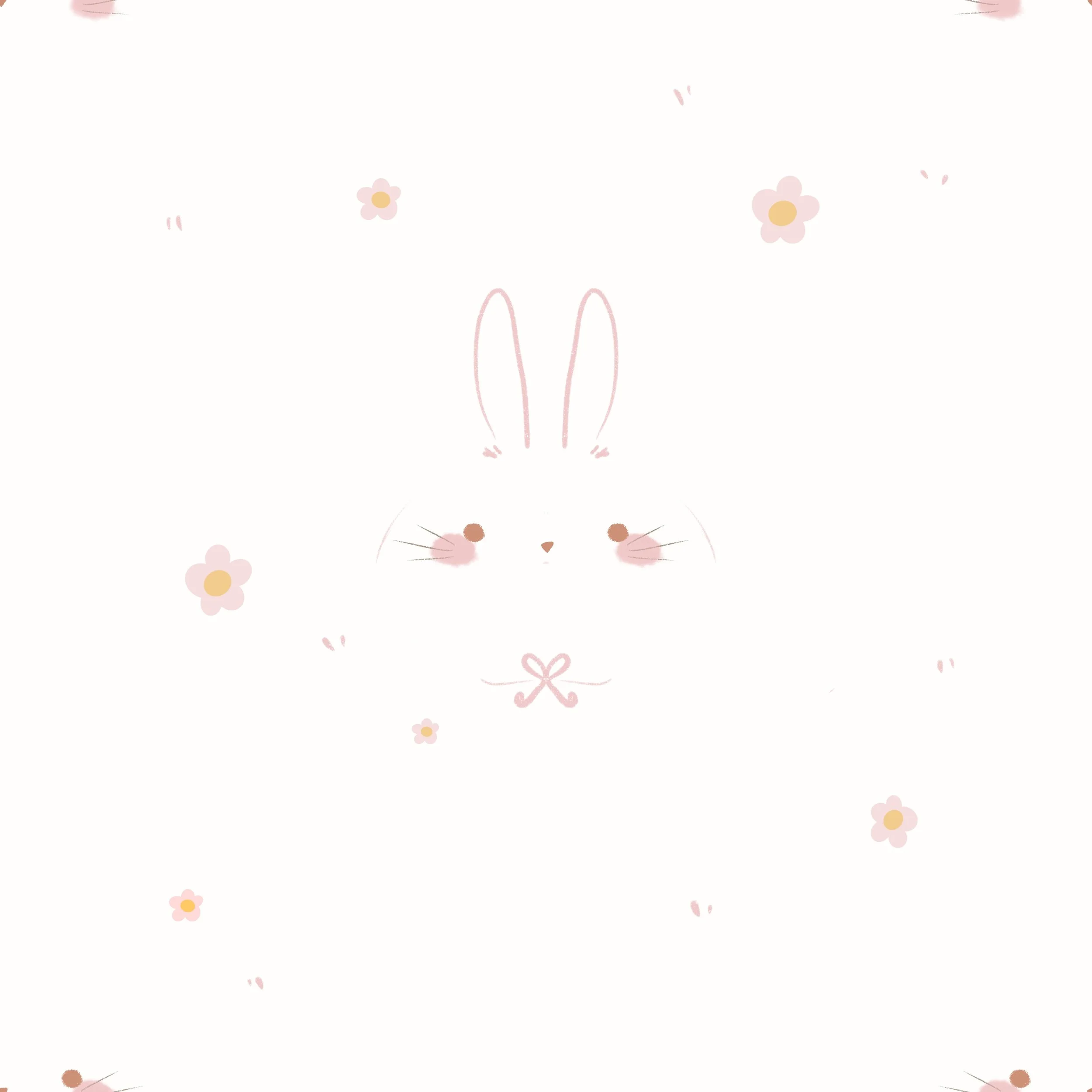 Ilustración de un conejito con flores y un lazo rosa en un fondo blanco.