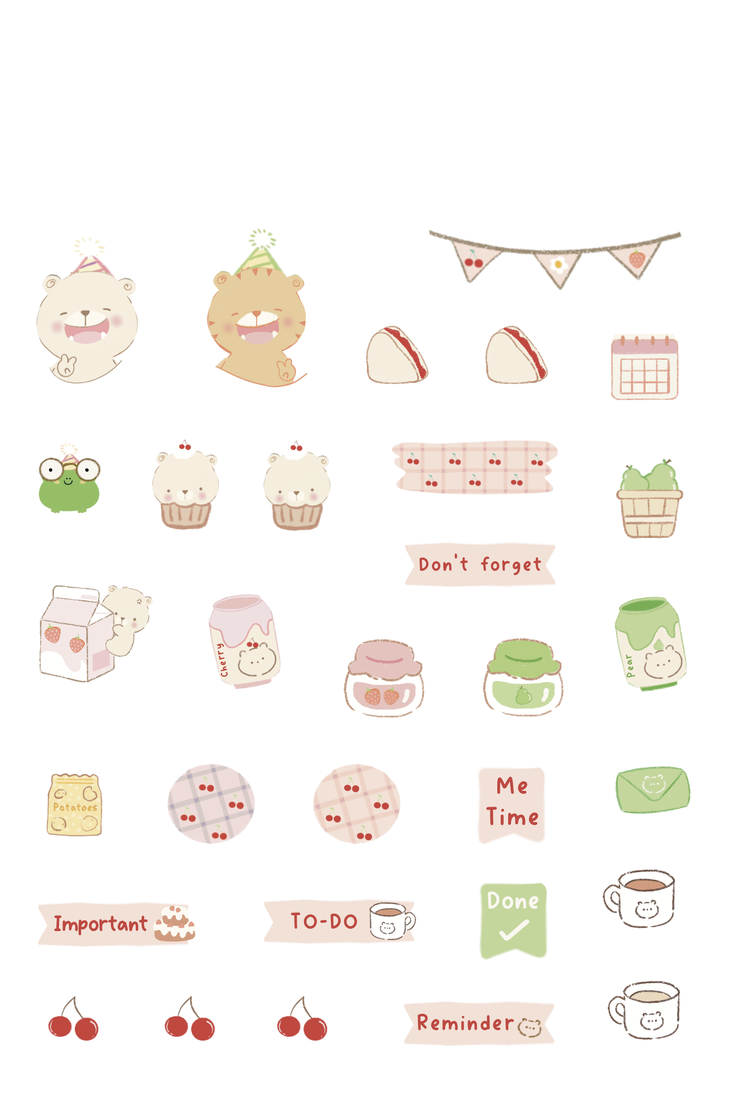 Ilustración de una casa decorada con temática de osos y frutas, con varias plantas, dulces, y objetos como calendario, notas y listas de tareas, en un estilo adorable y colorido.