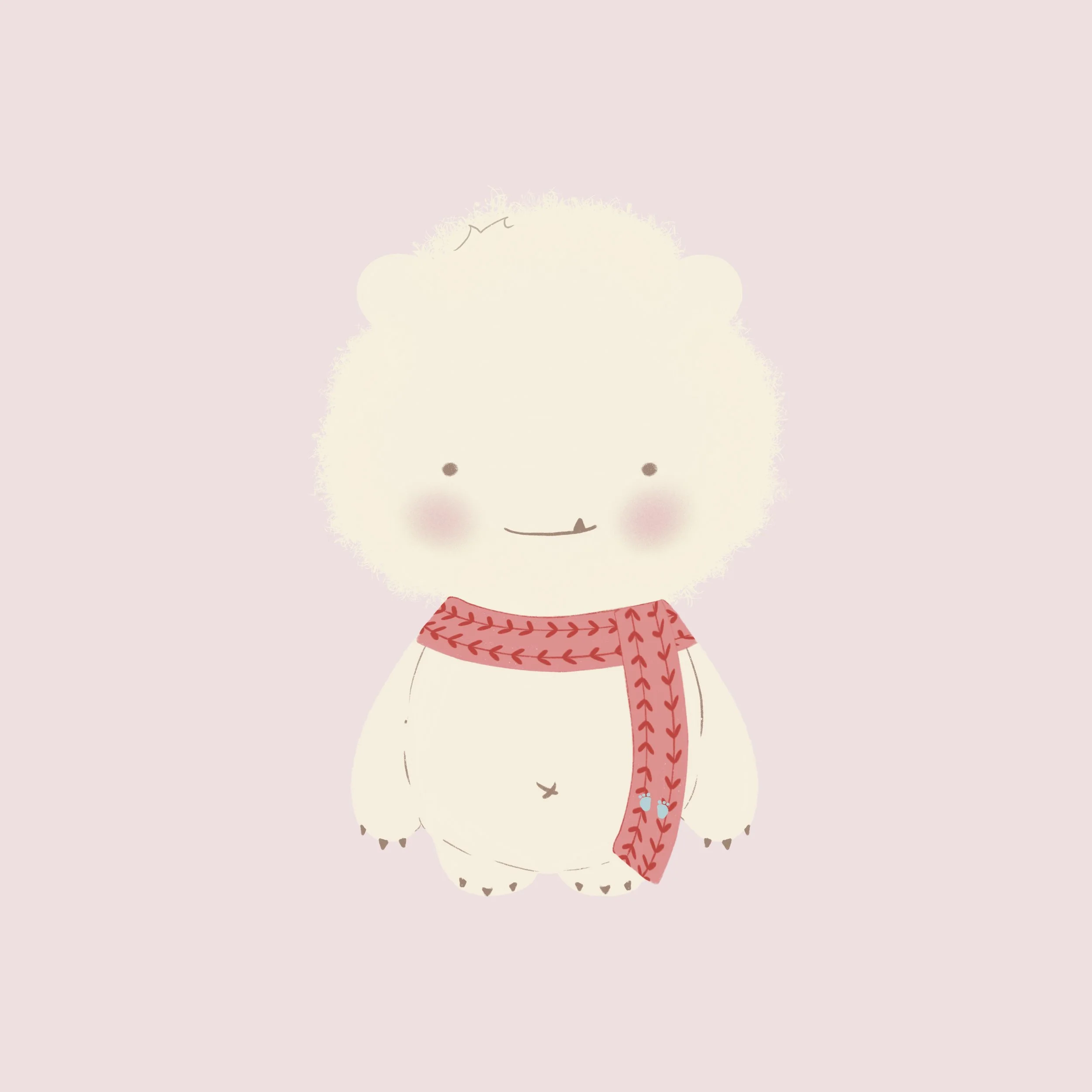 Dibujo de un pequeño monstruito tierno con cuerpo peludo y redondeado, piel azul claro, con un cabello liso y suave. Lleva una bufanda roja con un patrón de hojas. Tiene mejillas rosadas, ojos pequeños y oscuros y una sonrisa triste, en un fondo rosa