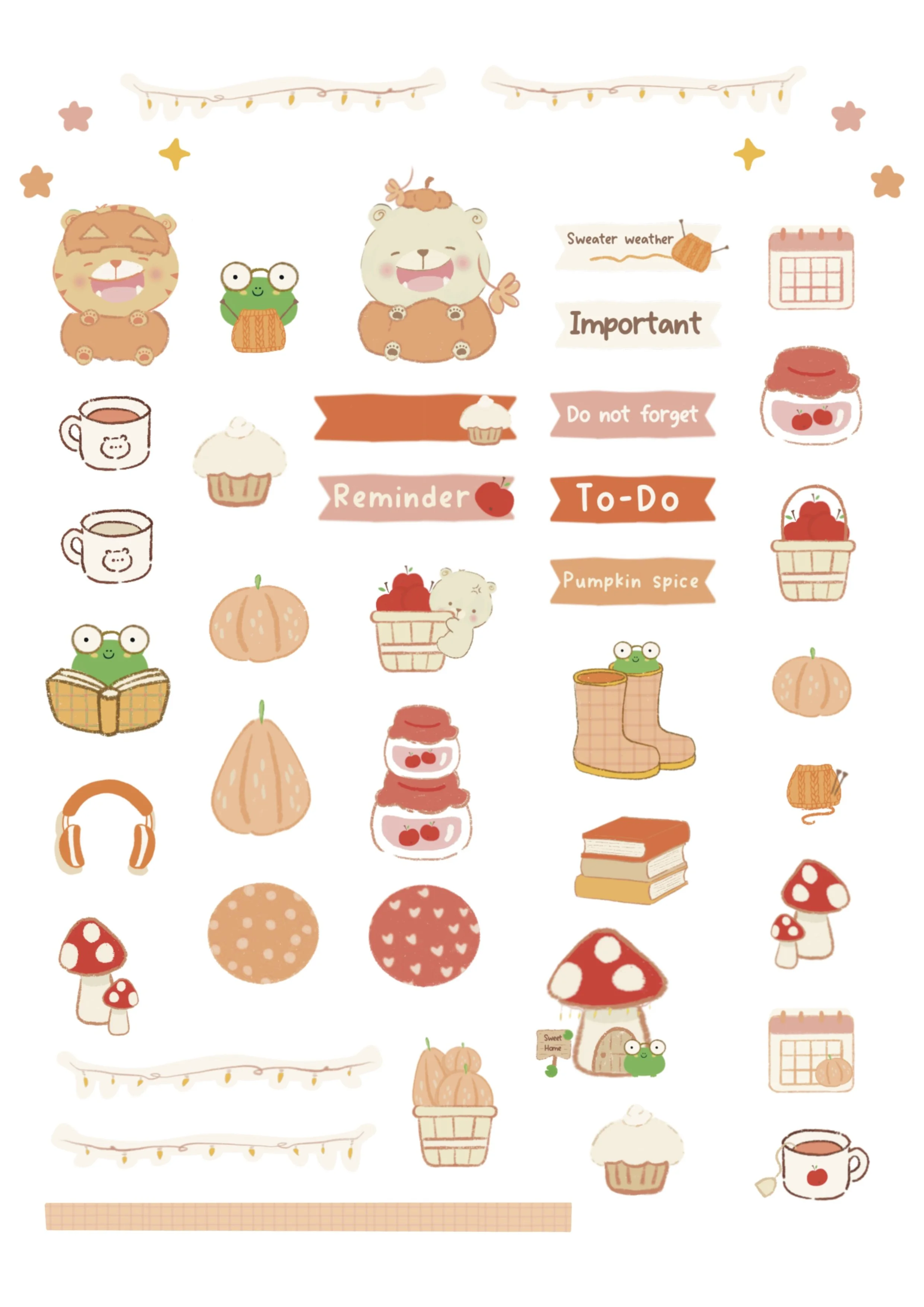 Una hoja de notas decorativa y colorida con ilustraciones de animales como osos, ranas y hongos, con etiquetas como 'Reminder', 'To-Do' y 'Pumpkin spice', y elementos de otoño y otoño, como calabazas, tazas de café y libros.