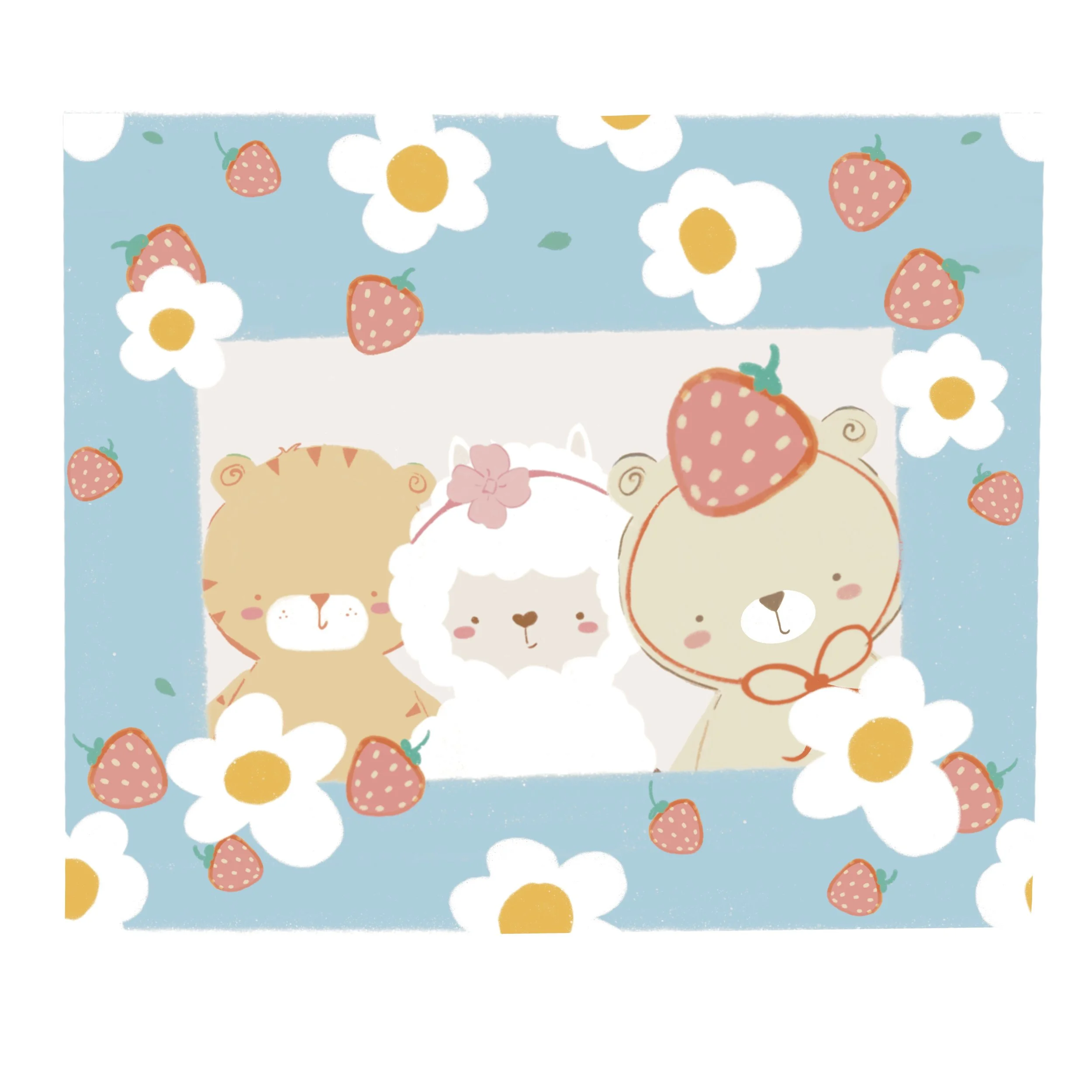 Ilustración de tres animales adorable en medio de flores y fresas: un león, una oveja y un tigre, en estilo de dibujos animados con colores claros y suaves.
