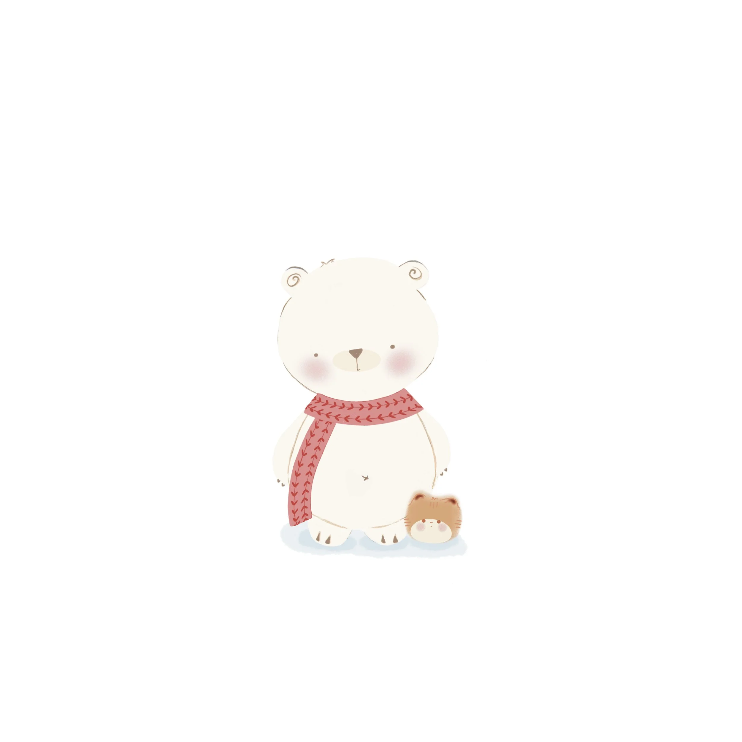 Ilustración de un adorable oso polar con bufanda roja, acompañado de un pequeño oso de peluche.