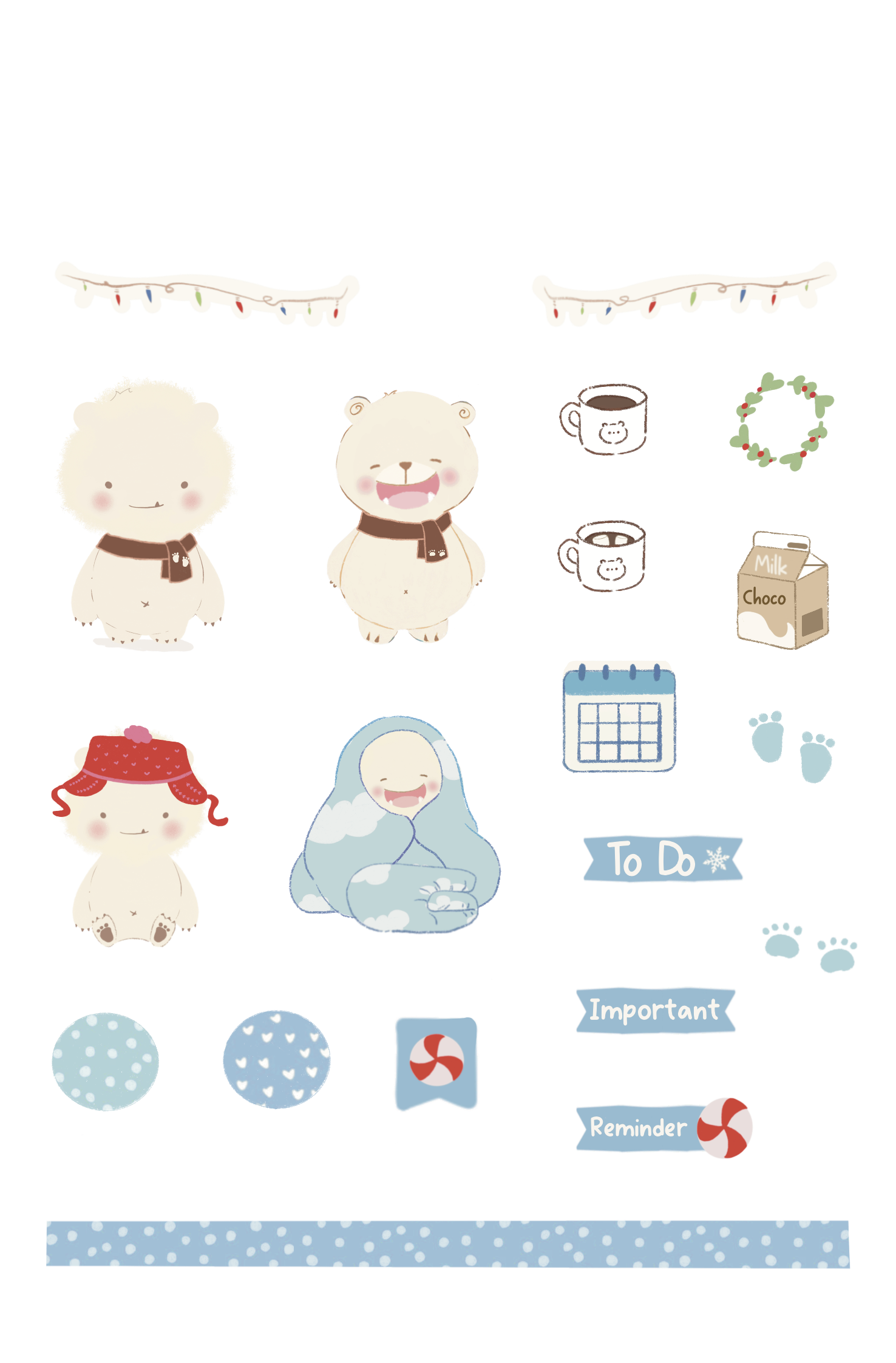 Ilustración de una lista de tareas para la vida diaria con personajes adorables y objetos relacionados, como tazas, leche, chocolate, una página de calendario, notas y un recordatorio de azúcar, en un estilo colorido y infantil.