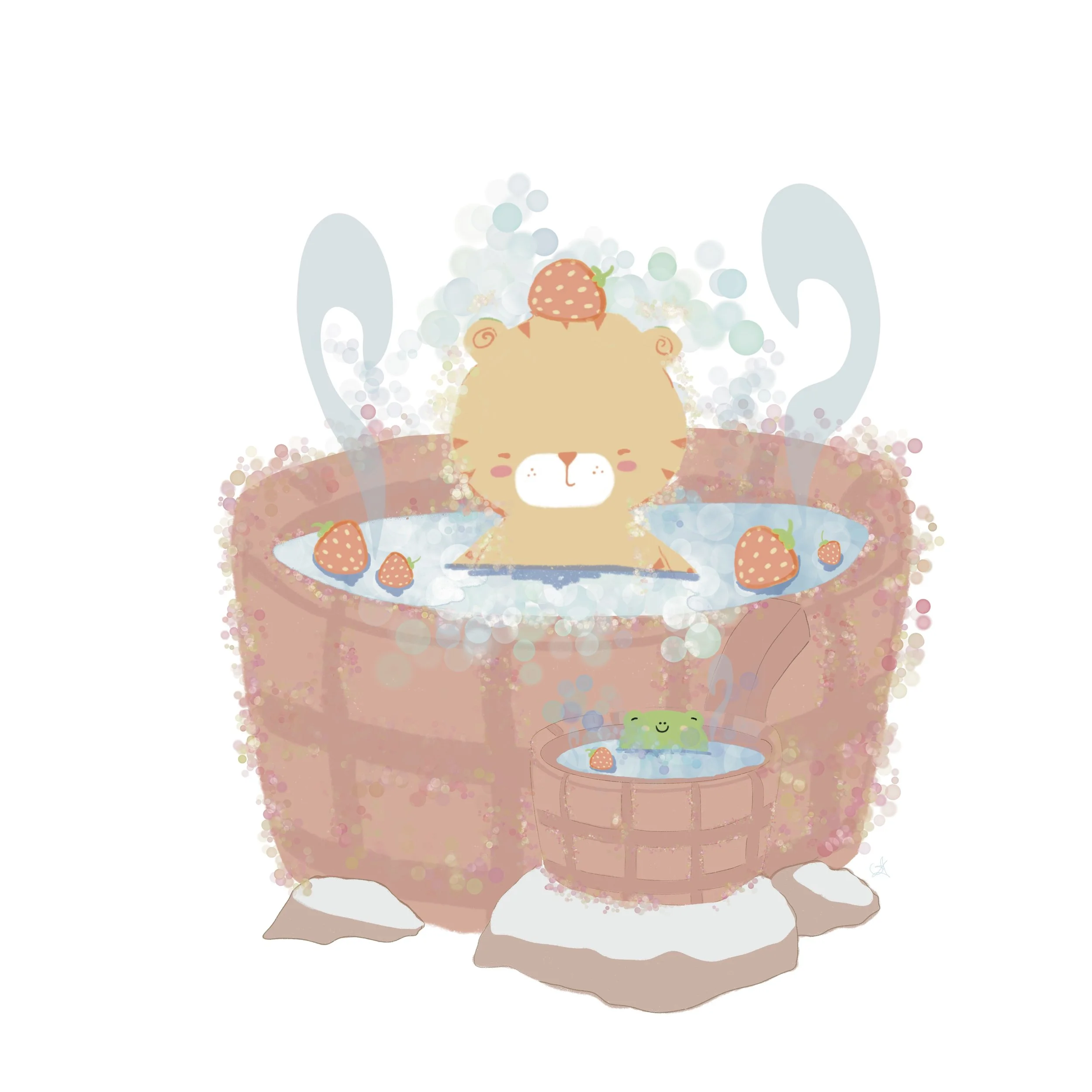 Un oso feliz en una tina de agua con fresas y burbujas, acompañado de una rana en una tina más pequeña, en un ambiente adorable y caricaturesco.