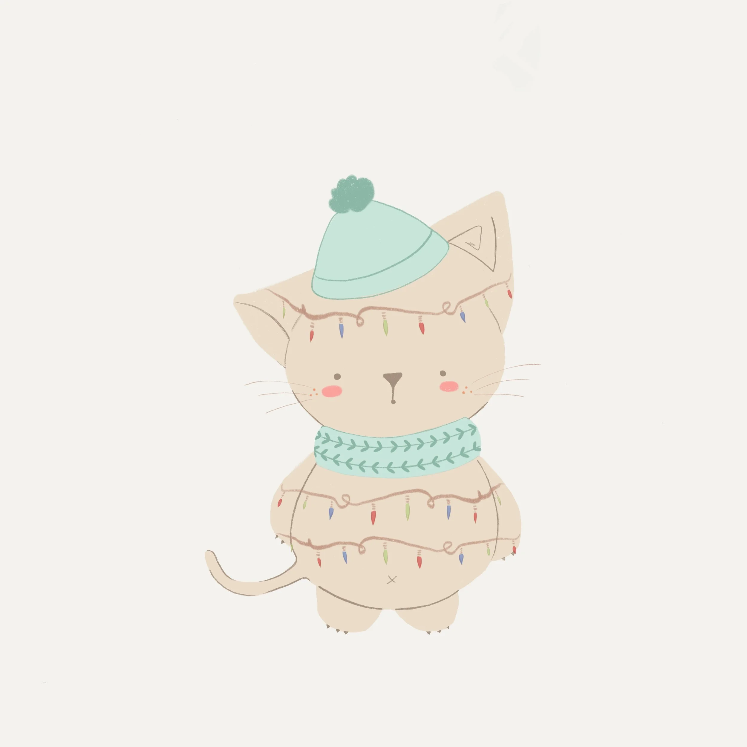 Gato con gorro y bufanda decorados con luces navideñas, ilustración en colores suaves y pastel.
