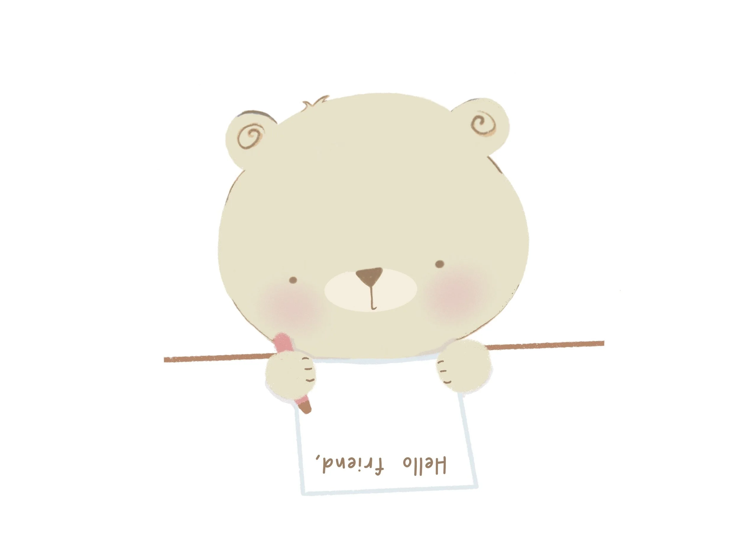 Un oso de peluche beige con mejillas rosadas, sosteniendo un cartel que dice "Hello Friend" en letras marrones, con una pluma rosa en una pequeña mano de peluche.