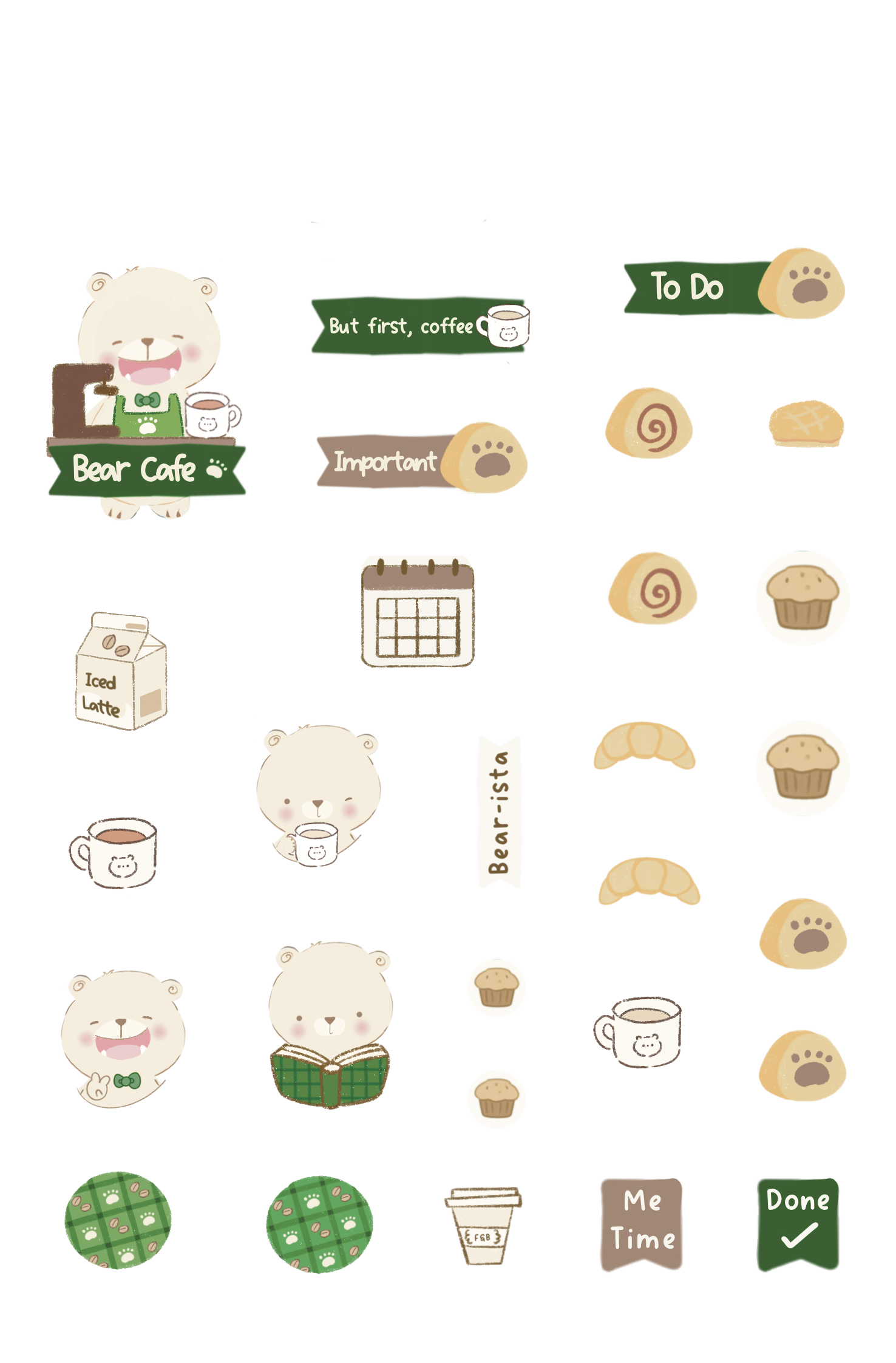 Ilustración de un oso con taza en un ambiente de cafetería, dedicándose a tareas diarias con instrucciones y notas. Incluye diferentes alimentos y bebidas, como muffins, café y un latte. Botones y cuadros indican acciones y organización del día.