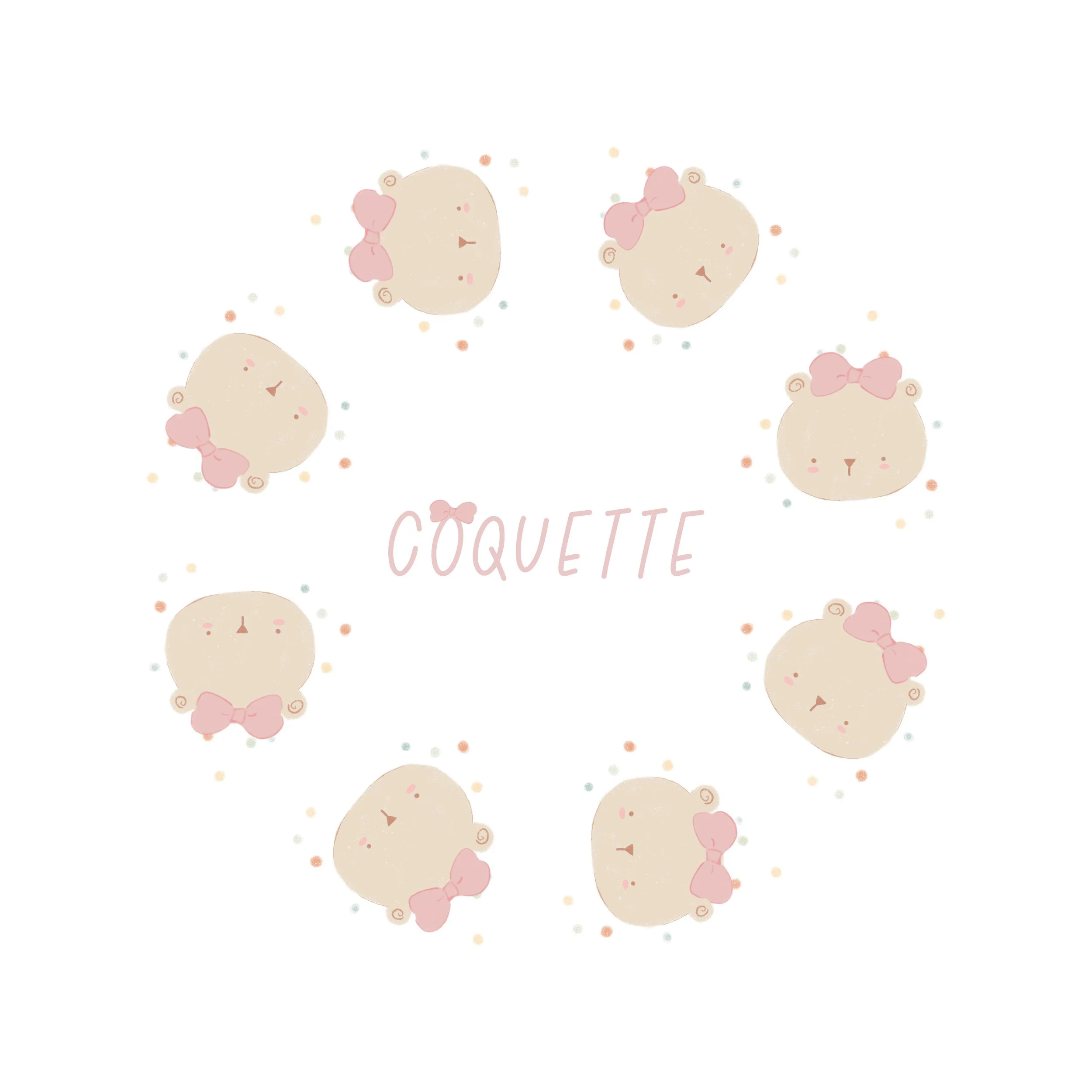 Vestido con diseño de caritas de ositos con la palabra 'Coqueta' en el centro, rodeado de pequeñas confeti de colores pastel.