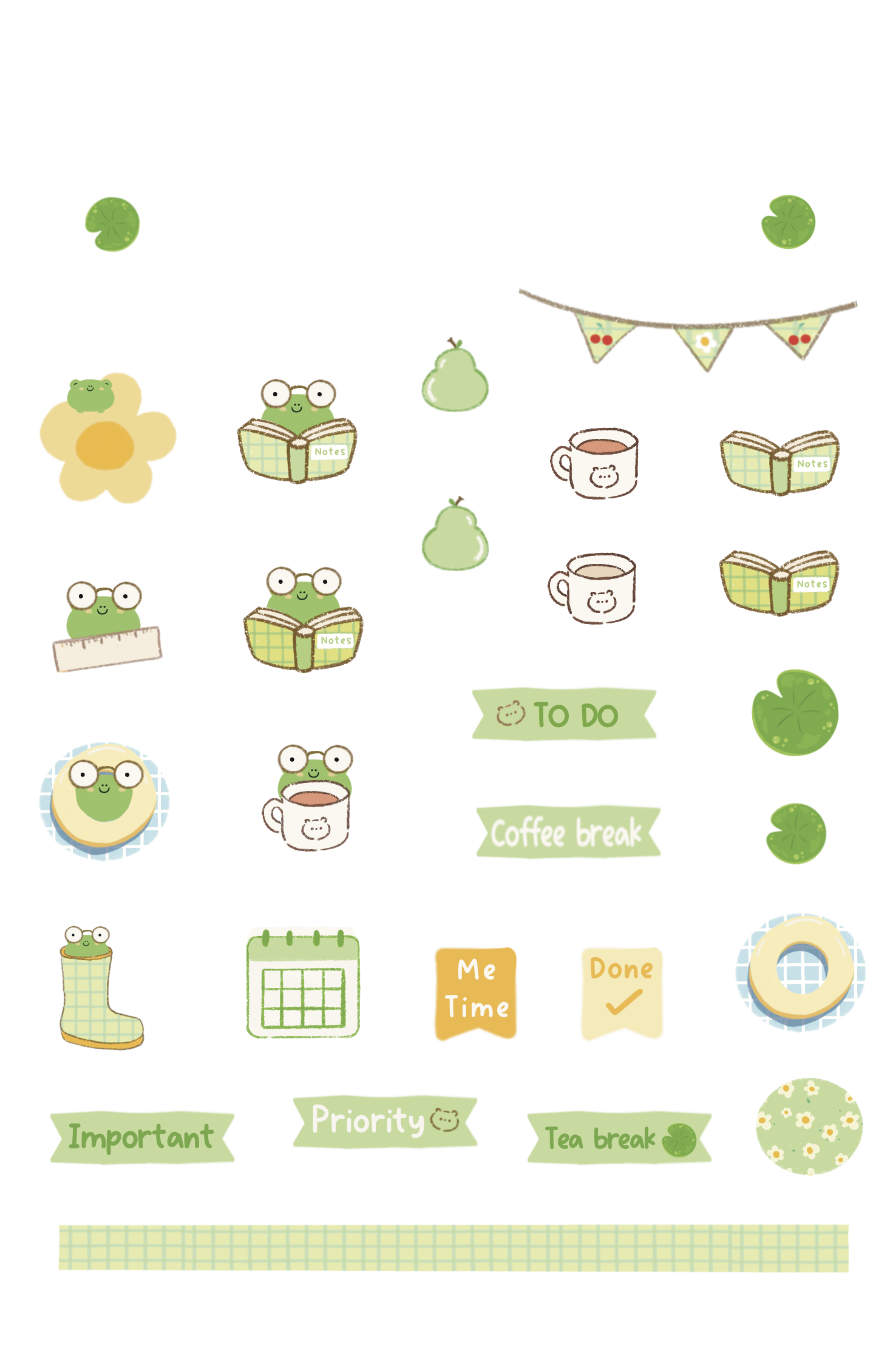 Ilustración de una agenda o planificador con dibujos de ranas, plantas, tazas con caras de animales, libros, etiquetas de tareas y notas, decorada con banderines y elementos de estilo adorable y colorido.