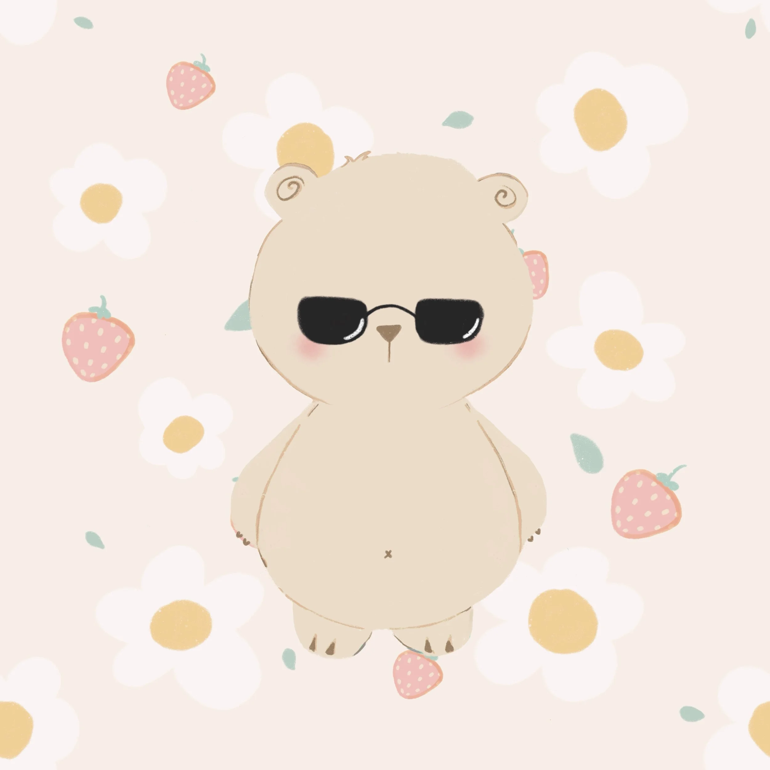 Ilustración de un oso con gafas de sol en un fondo de flores y fresas