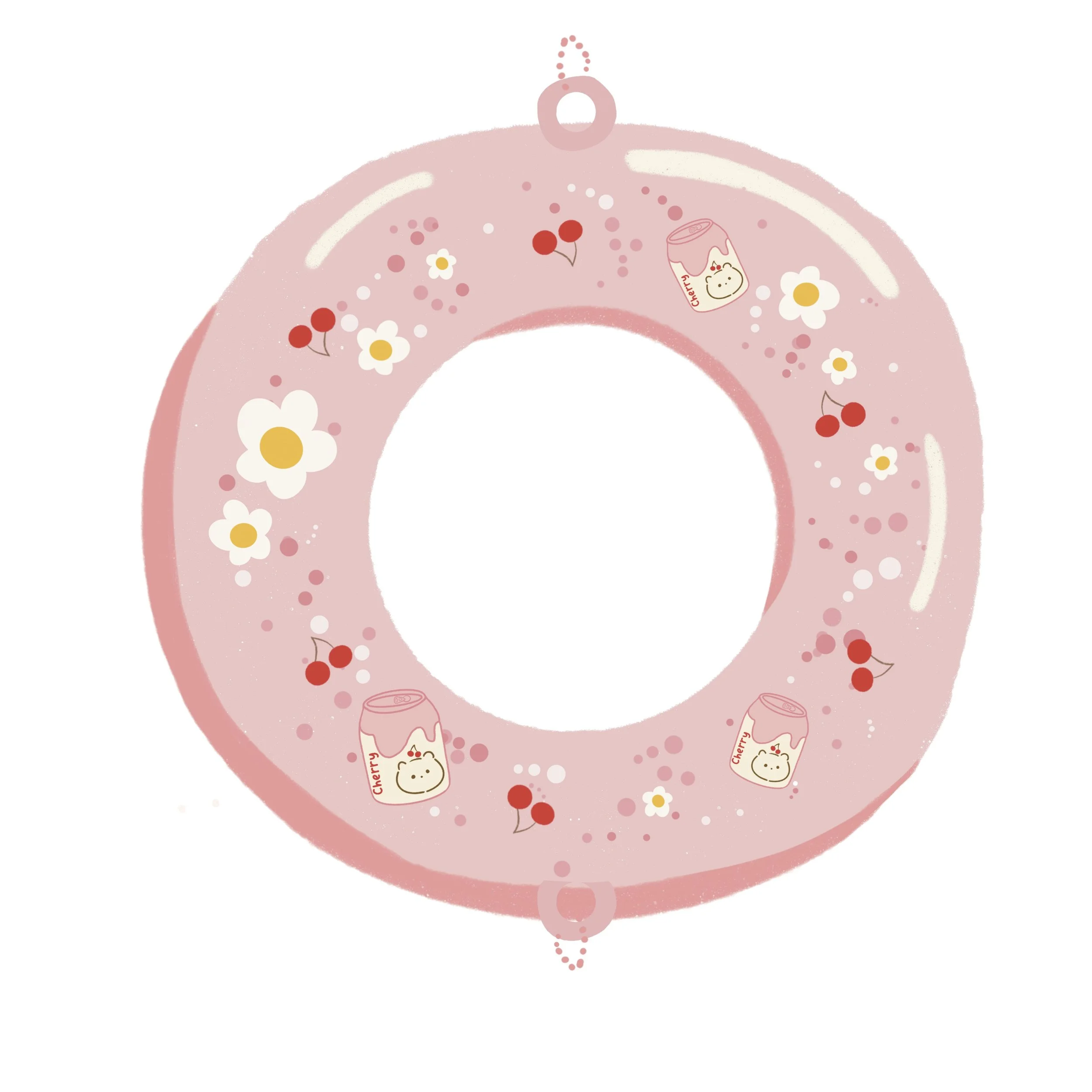 Lámina de decoración en forma de rosquilla rosada con estampados de cerezas, margaritas y frascos de mermelada de cereza.