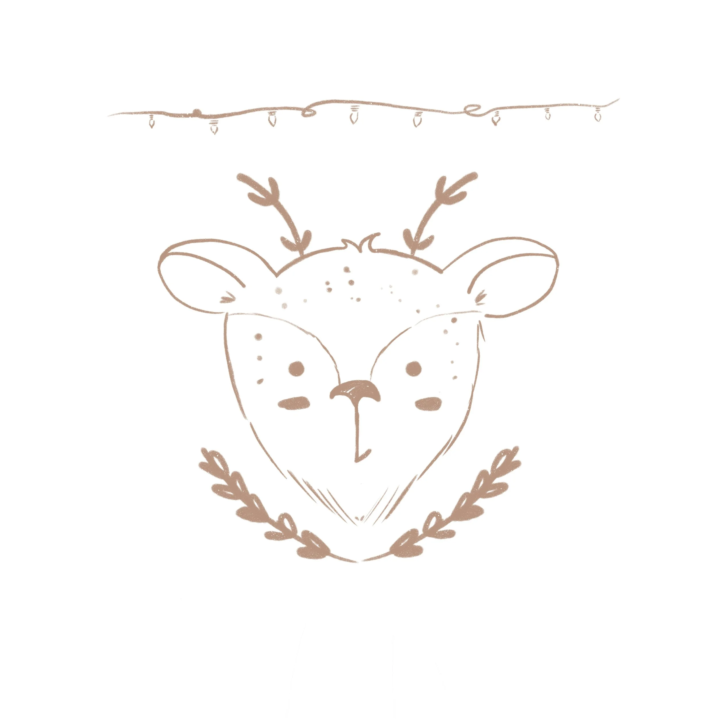 Dibujo de una cara de ciervo con antenas decoradas, rodeada de una guirnalda y con un corazón en la parte inferior.