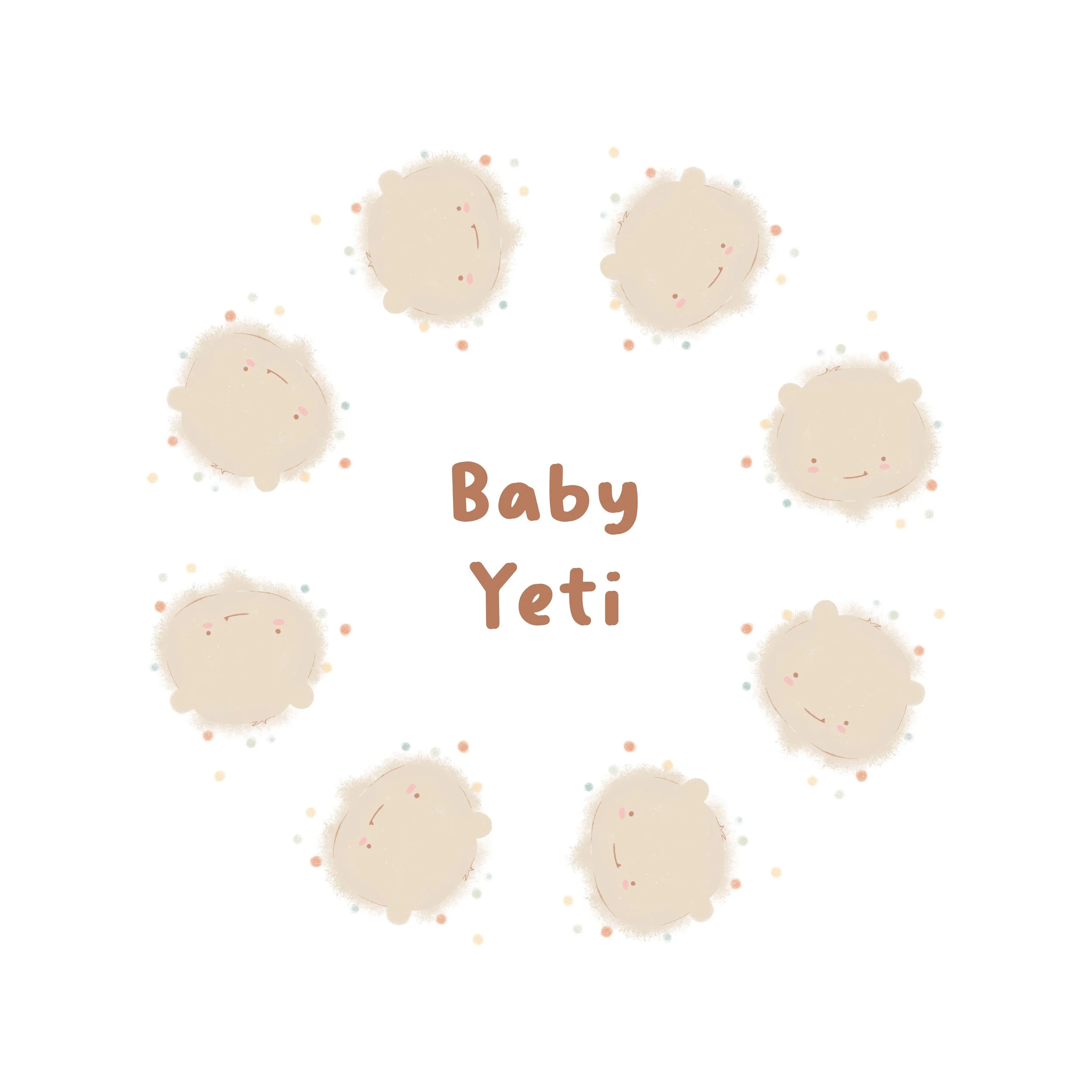 Ilustración de varios osos de peluche rodeados de pequeños puntos de colores, con el texto 'Bebé Yeti' en el centro.