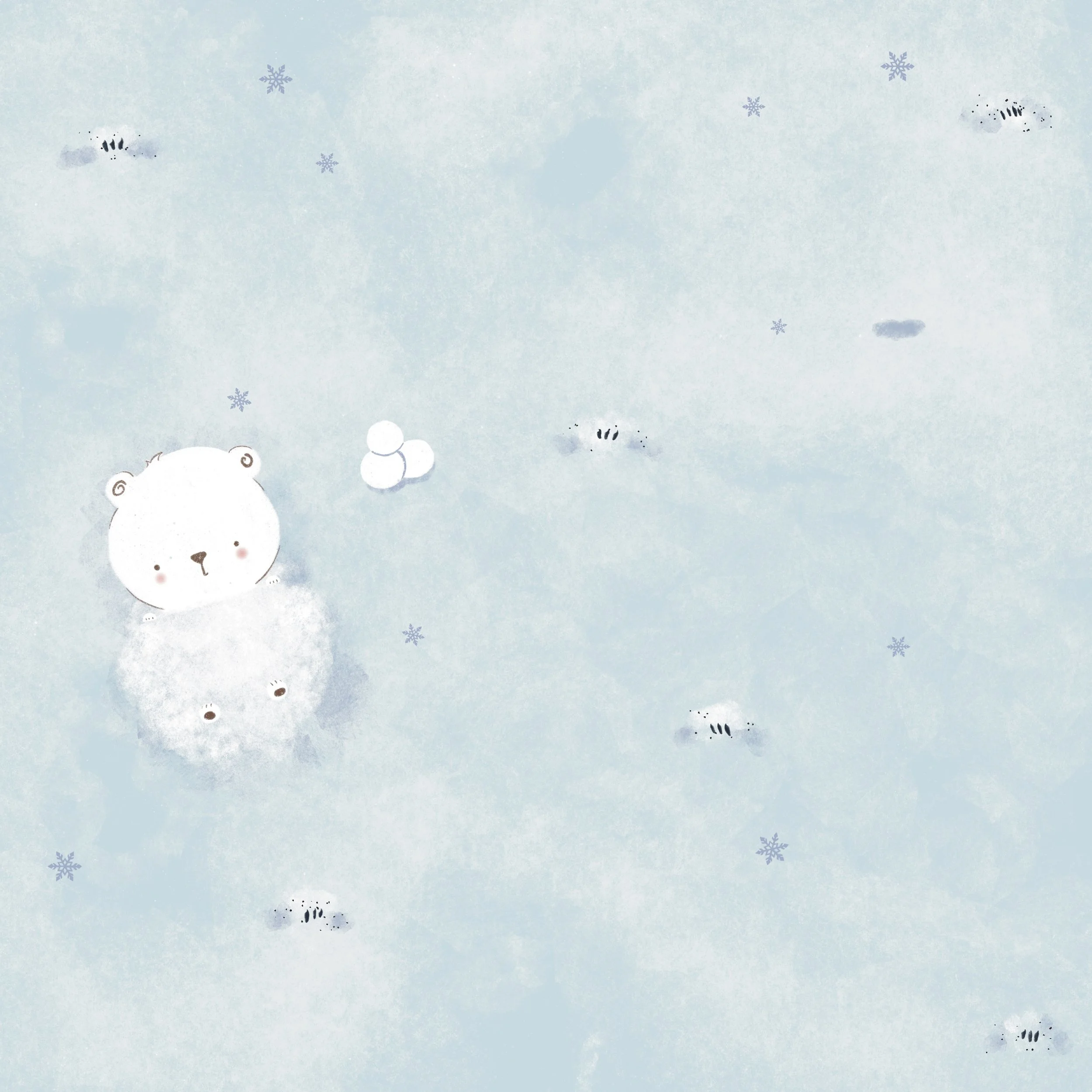 Ilustración de un oso polar en un paisaje nevado con copos de nieve y huellas en la nieve.