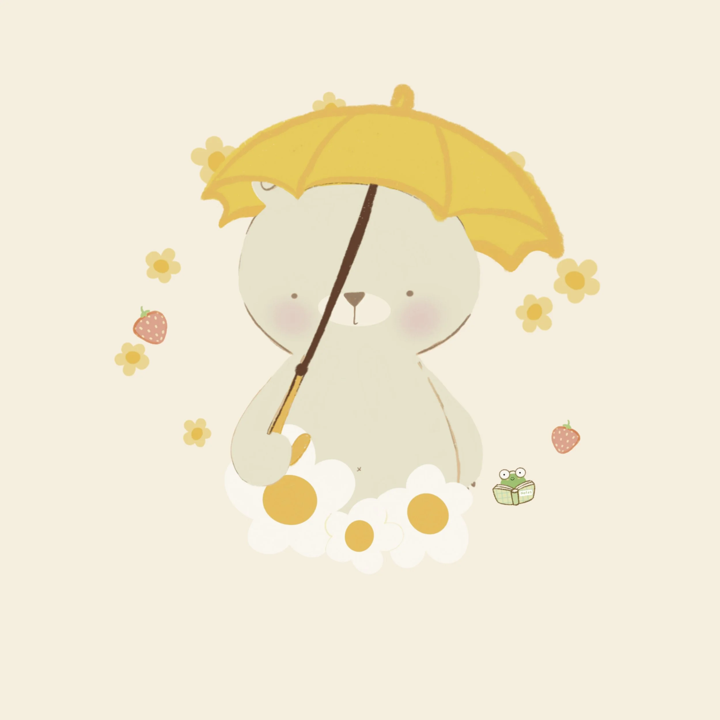 Un oso adorable con un paraguas amarillo, rodeado de flores y fresas, con un estilo de dibujo suave y colorido.
