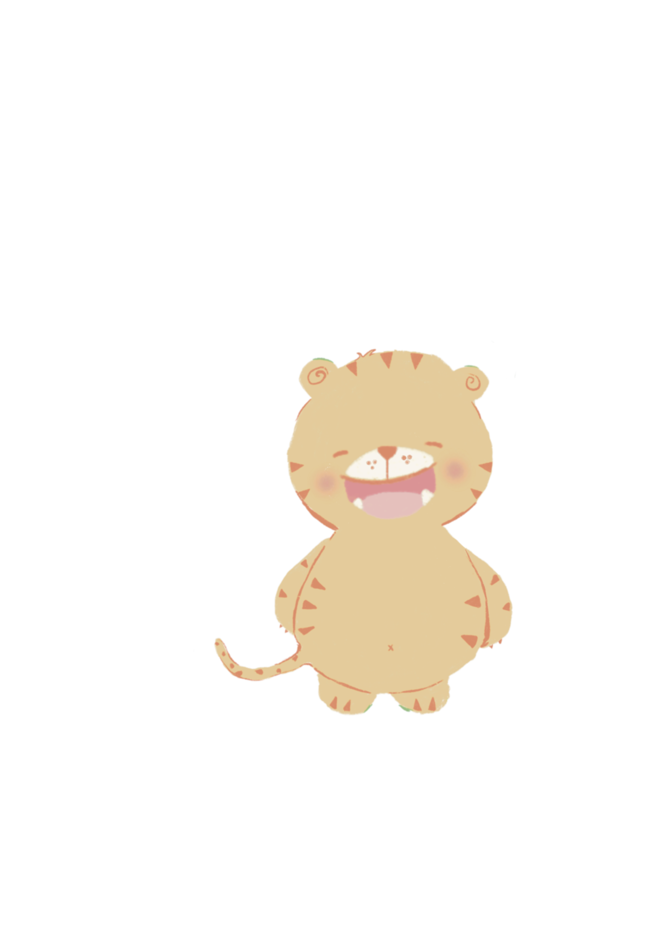 Dibujo de un tierno animal pequeño, que parece una combinación de un gato y un tigre, con expresión feliz y cuerpo redondeado.