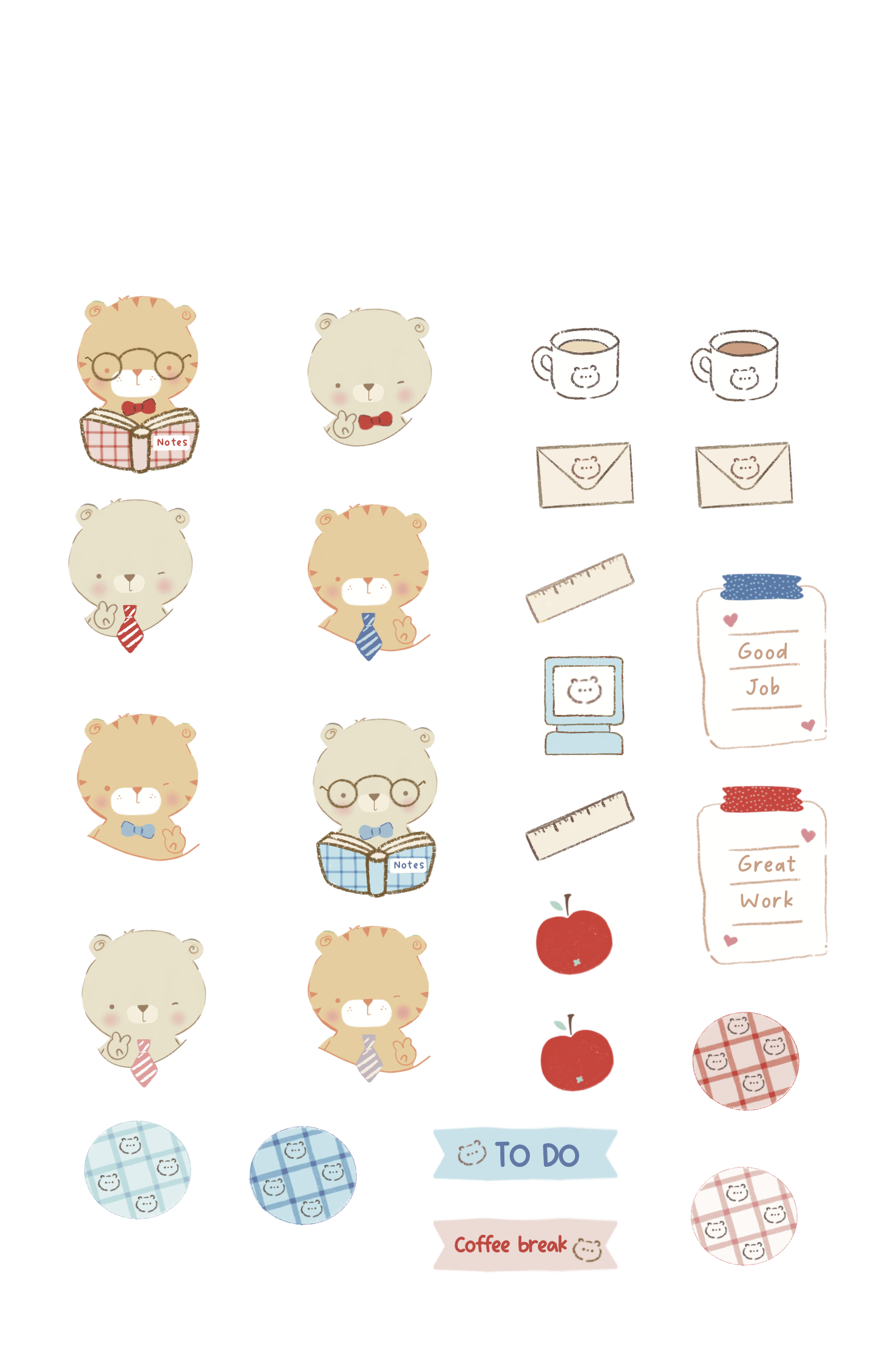 Ilustración con adorables animales antropomorfos en un ambiente de oficina o estudio. Incluye personajes que parecen osos con accesorios como gafas, corbatas, y notebooks. Hay tazas con caras, sobres con caritas sonrientes, una computadora portátil, 