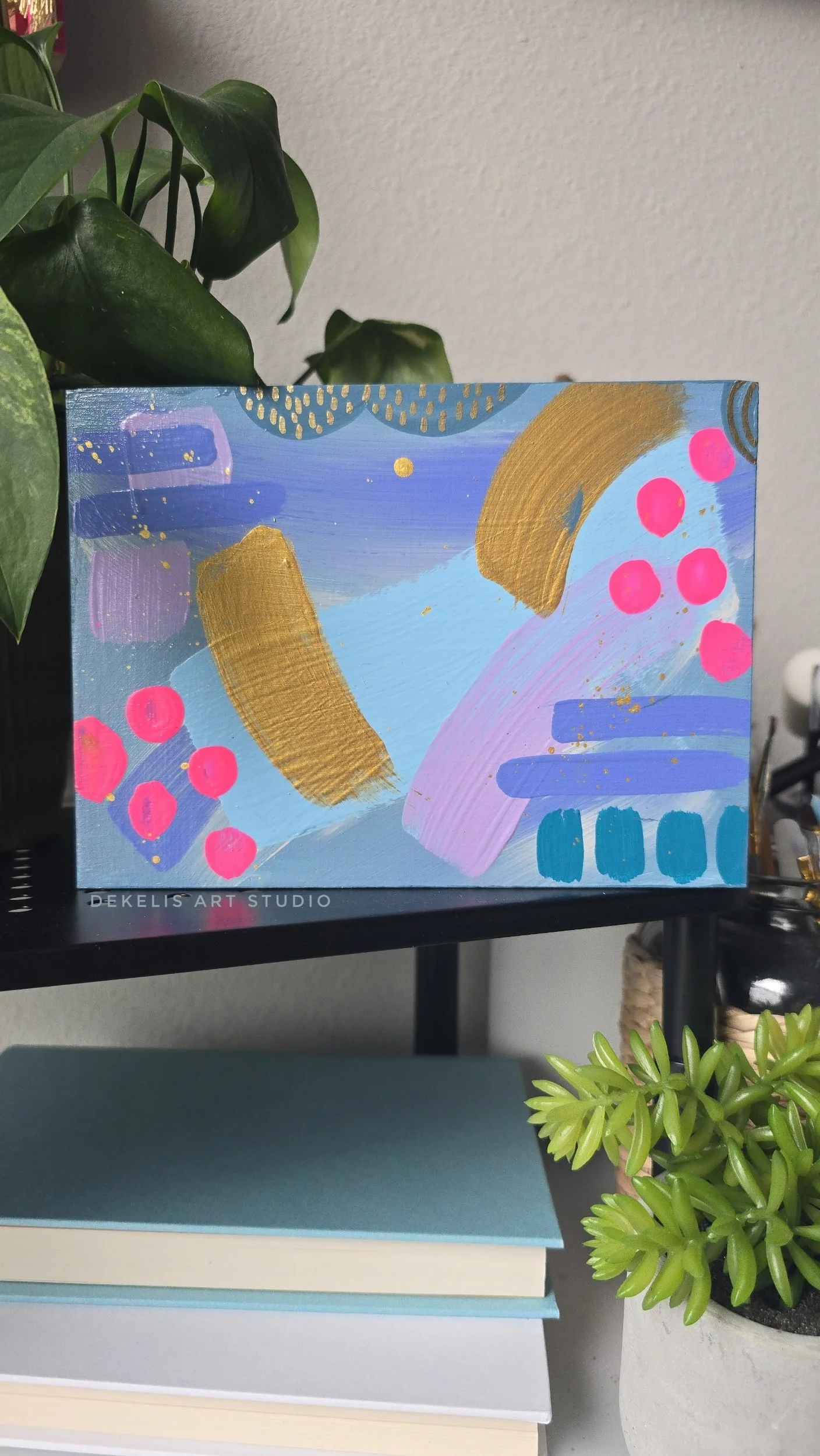 Joyful Abstract Painted Artwork on Wood Block by DeKelis Art Studio