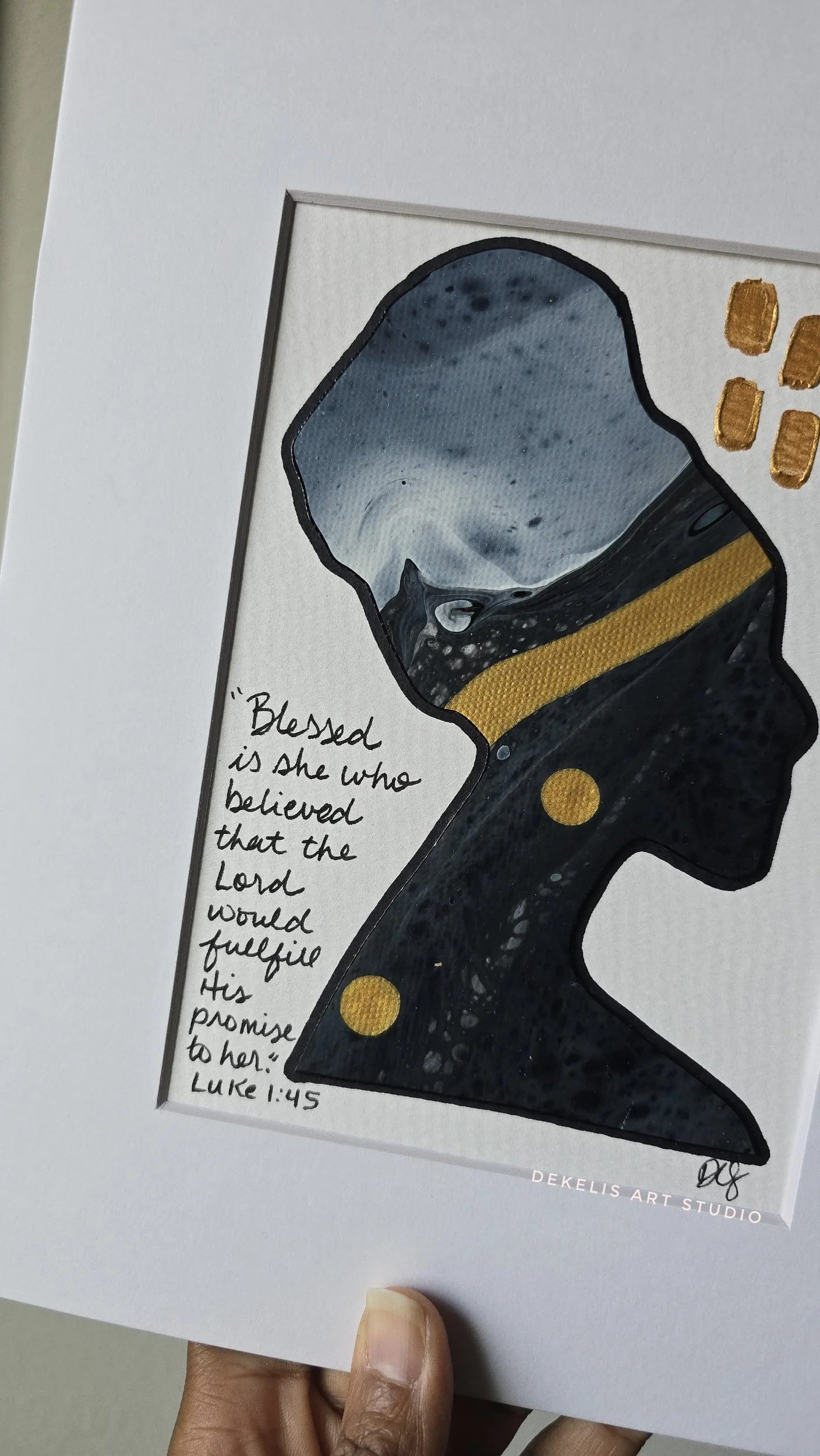 Royale Noire Belle Bible Verse Art with Luke 1:45 - Marbled Artwork of black woman with a headwrap and hand written cursive bible verse inspiration.