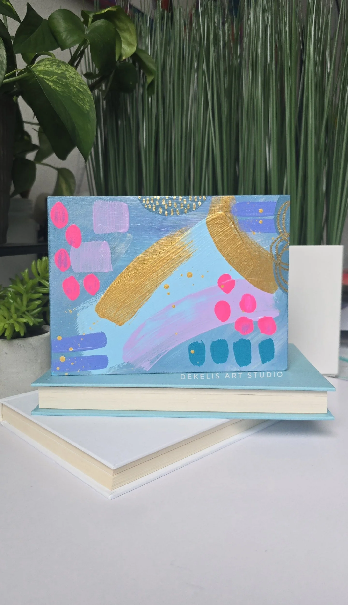 Joyful Abstract Painted Artwork on Wood Block by DeKelis Art Studio