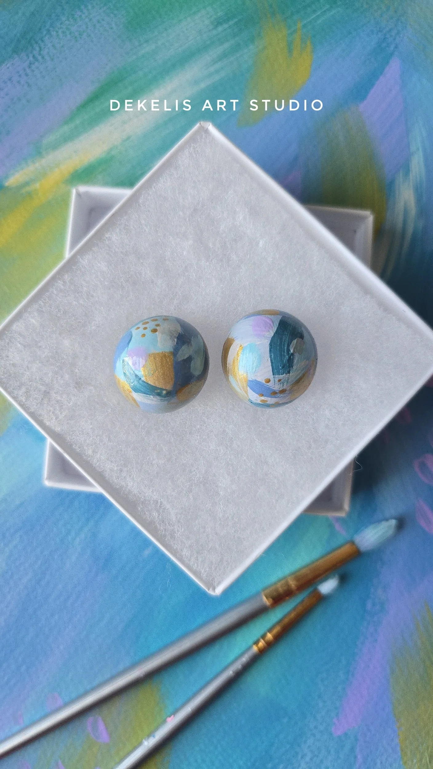 "Flourish" No. 8 - Blue and Gold Hand Painted Wooden Stud Earrings