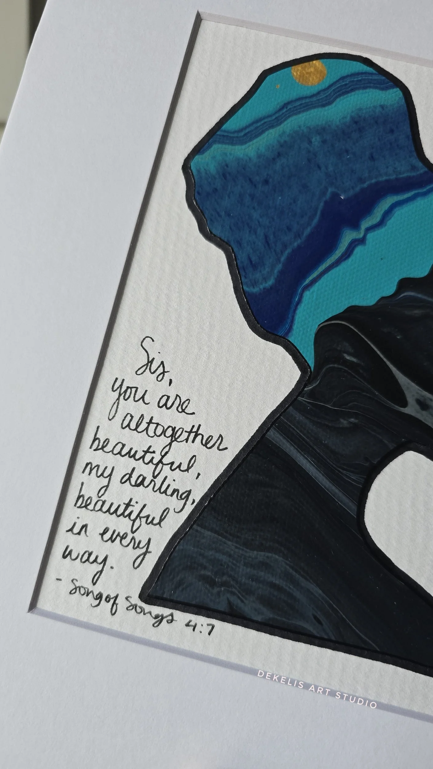 Royale Noire Belle Bible Verse Art with Song of Songs 4:7 - Marbled Artwork of black woman with a headwrap and hand written cursive bible verse inspiration.
