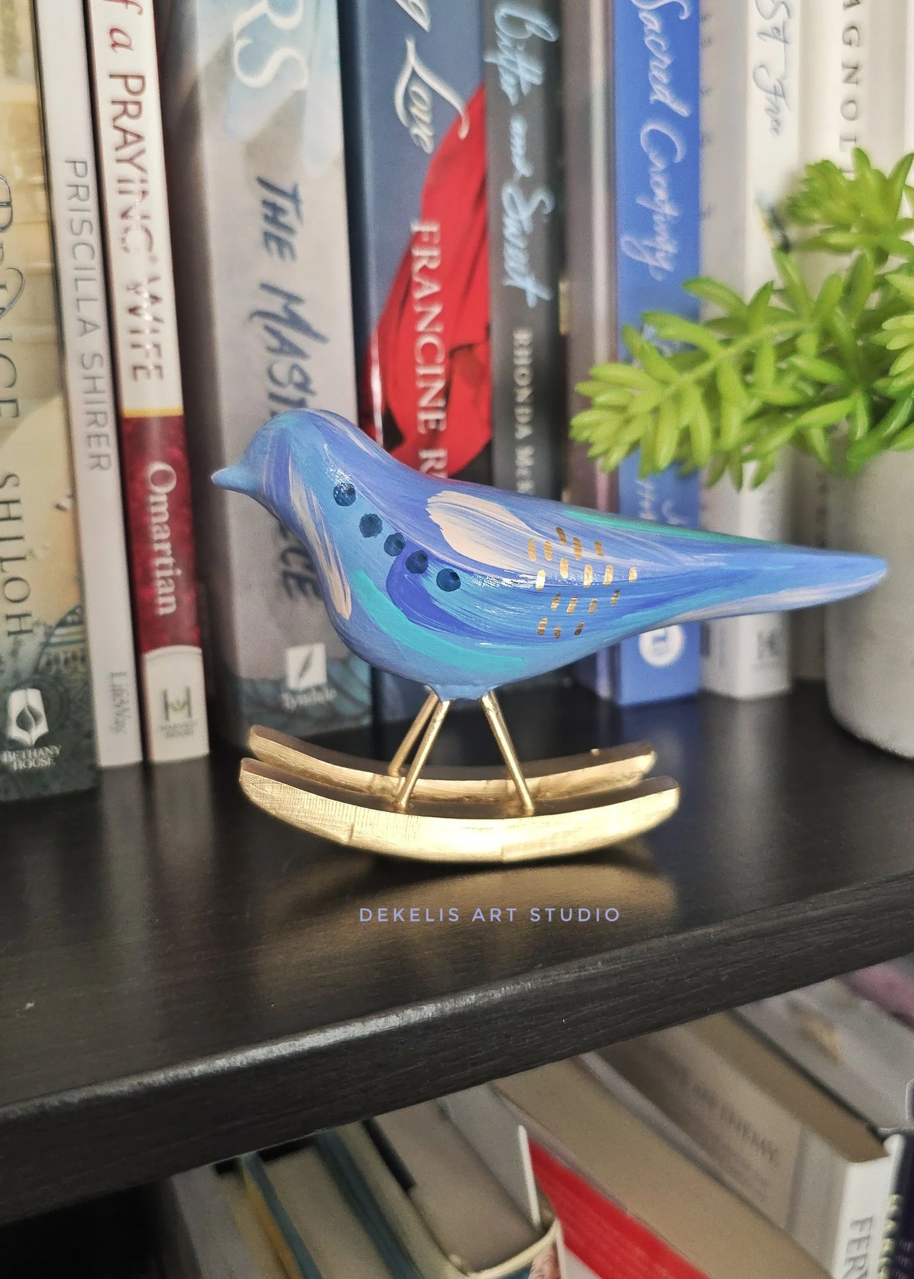 Blue Abstract Little Blue Bird Wood Figurine on a Gold Rocker by DeKelis Art Studio